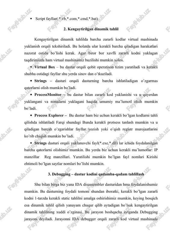 operatison tizim yaratiladi va kerakli shubha ostidagi fayllar shu yerda sinov dan o’tkaziladi. · strings – dasturi orqali dasturning barcha ishlatiladigan o’zgarmas qatorlarni olish mumkin bo’ladi. · processmonitor – bu dastur bilan zararli kod yuklanishi va u qayerdan yuklangani va nimalarni yuklagani haqida umumiy ma’lumotl olsih mumkin bo’ladi. · process explorer – bu dastur ham biz uchun kerakli bo’lgan kodlarni tahli qilishda ishlatiladi farqi shundagi bunda kerakli protsess tanlash mumkin va u qiladigan barcah o’zgarishlar fayllar yozish yoki o’qish registr murojaatlarini ko’rib chiqish mumkin bo’ladi. · strings dasturi orqali yuklanuvchi fayl(*.exe,*.dll) lar ichida foydalanilgan barcha qatorlarni olishimiz mumkin. bu yerda biz uchun kerakli ma’lumotlar: ip manzillar reg manzillari. yaratilishi mumkin bo’lgan fayl nomlari kirishi ehtimoli bo’lgan saytlar nomlari bo’lishi mumkin. 3. debugging – dastur kodini qadamba-qadam tahlillash shu bilan birga biz yana ida disassembler dasturidan hma foydalanishumiz mumkin. bu dasturning foydali tomoni shundan iboratki, kerakli bo’lgan zararli kodni 1-tarzda kerakli …