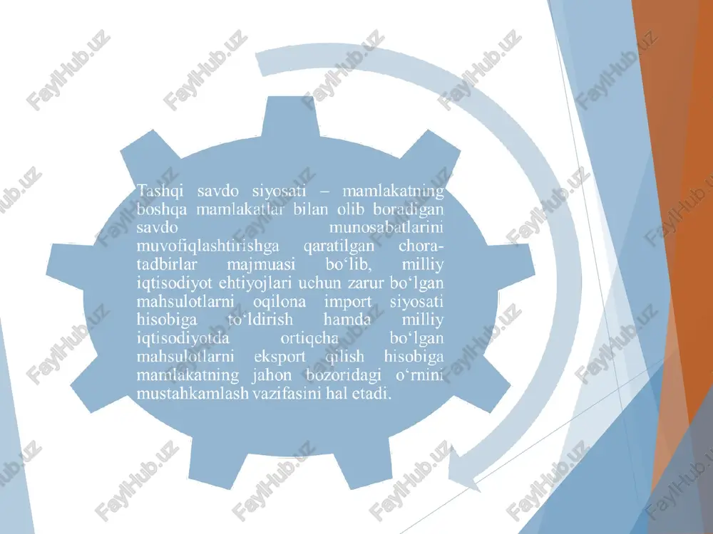 irishga yo‘naltirilgan. amaliyotda tashqi savdoni tartibga solishning tarif va notarif usullaridan foydalaniladi. tarif usullariga import va eksport bojlarini joriy qilish kirsa, notarif usullariga eksportyorlar va ishlab chigaruvchilarga subsidiyalar berish, kvotalash, litsenziyalash kabilar kiradi. import bojlari davlat g‘aznasini to‘ldirish maqsadida va ichki bozorlarga tushadigan chet el mahsulotlari oqimini tartibga solish uchun belgilanadi. import bojlari eng kam va eng ko‘p miqdordagi import bojlariga bo‘linadi. eng kam miqdordagi import bojlari qulay savdo sharoitlarni yaratib berishni ko‘zda tutuvchi savdo shartnomalari va bitimlari bo‘lgan mamlakatlar mahsulotlariga nisbatan o‘rnatiladi. eksport bojlari mamlakat ichida talab ko‘p bo‘lgan mahsulotlar taqchilligining oldini olish maqsadida belgilanadi. ‘ : ichki narx (tarif bilan birga) a—+b ci di t jahon bozori narxi : h ‘ ; tarif joriy gilingandan keyingi h h h i import > s82 d2 di q tariflar joriy qilingunga qadar bo‘lgan import bojxona bojlarini joriy qilishni go‘llovchi fikrlarga aksincha bo‘lgan ulohazalar ham mavjud. chunki sanab o'tilgan natijalarga boshqa …