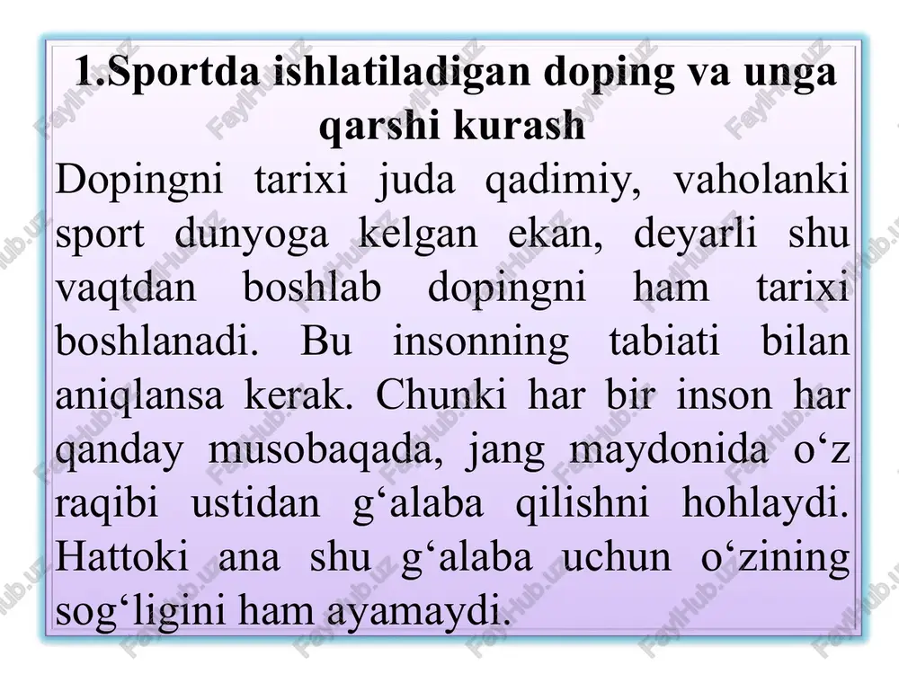 bir dorivorlar o‘zining tarkibida oz bo‘lsada man etilgan moddalrni tuish mumkin, jumladan, solutan. reglament bo‘yicha doping-nazorat tekshirish o‘tkazishiga a-namuna ishlatiladi, shu bilan birga tekshirish biologik namuna olingandan so‘ng 3 sutkadan keyin kech qoldirmasdan o‘tkazilishi lozim. ta’qiqlangan dorivorlar topib olingan holda v - namuna ham ochilib tekshiriladi. v-namunani ochishda sportchining o‘zi yoki uning vakolatlik jinsi qatnashishi mumkin. agarda v - namunada ta’qiqlangan moddalar topilsa, sportchiga tegishli jazo sanksiyalari qo‘llaniladi. bordiyu v-namunada ta’qiqlangan moddalar borligi tasdiqlanmasa u holda a-bionamunaning tekshirish natijalari bekor qilinib sportchiga hech qanday jazo sanksiyalari qo‘llanilmaydi. sportchining doping nazoratidan o‘tishdan bosh tortishi yoki uning natijalarini qalbakilashtirish natijalarini buzib ko‘rsatishga yo‘naltirilgan barcha manupulyatsiyalarni o‘z ichiga oladi. jumladan, siydikni almashtirib qo‘yish imkoniyatlarini (katetirizatsiya a v siydik pufakchasiga ta’qiqlangan preparatlardan xolis bo‘lgan sun’iy yoki tabiiy boshqa siydikni yuborish: mikro koteyinlardan foydalanish: dopinglarni idintifikatsiyasini qiyinlashtiradigan aramatik birikmalarni yuborish yoki qo‘shib qo‘yish va h.k.).ta’qiqlangan manupulyatsiyalarga ba’zi bir xirurgik operatsiyalar ham kiritiladi jumladan, teri ostiga …