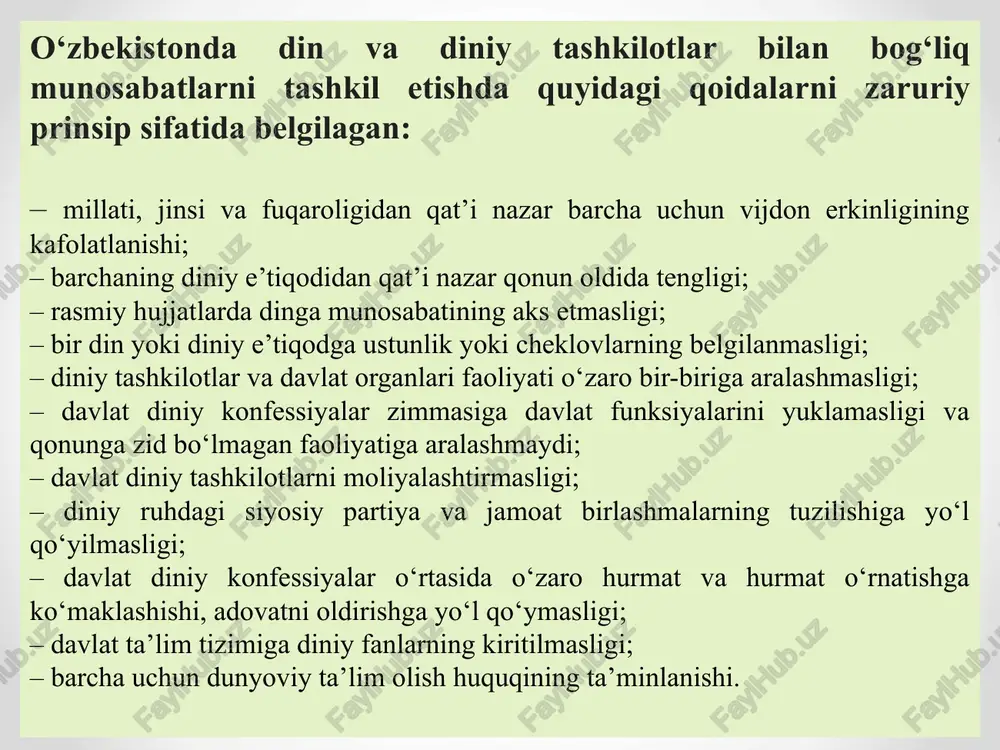 ma'naviy ildizlariga tayangan holda o'rgatish uchun barcha qulayliklarga ega bo'lgan o'rta osiyodagi yagona ta'lim muassasasi hisoblanadi. shuningdek, diniy ta'lim muassasalari o'rtasida 1991 yildan boshlab “qorilar musobaqasi”, 2001 yildan “barkamol avlod” sport musobaqalarining o'tkazilishi, 2002 yildan boshlab o'rta maxsus islom bilim yurtlari talabalari o'rtasida “yagona olimpiada” va “yil o'qituvchisi” tanlovlarining o'tkazilishi talaba va pedagog-o'qituvchilar uchun keng imkoniyatlar ochib, ularni munosib tarzda rag'batlantirish, moddiy va ma'naviy qo'llab-quvvatlashda muhim ahamiyat kasb etmoqda. shuni alohida ta'kidlash joizki, “yagona olimpiada” musobaqasida 1-o'rinni egallagan g'olib talabaga o'zbekiston musulmonlari idorasining granti asosida test sinovlarsiz hamda qabul imtihonlarsiz toshkent islom institutiga o'qishga kirish huquqining berilishi iqtidorli yoshlarni yanada ko'payishida muhim vosita bo'lib xizmat qilmoqda. o'zbekiston respublikasi vazirlar mahkamasining 2004 yil 1 martdagi 99-sonli qarori bilan tasdiqlangan “diniy ta'lim muassasalarining faoliyatini litsenziyalash to'g'risida”gi nizom diniy ta'lim tizimini tartibga solishga qaratilgan asosiy normativ hujjat bo'lib, diniy o'quv yurtlari faoliyatini to'g'ri yo'lga qo'yish, belgilangan davlat ta'lim standartlari va talablariga muvofiq dunyoviy …