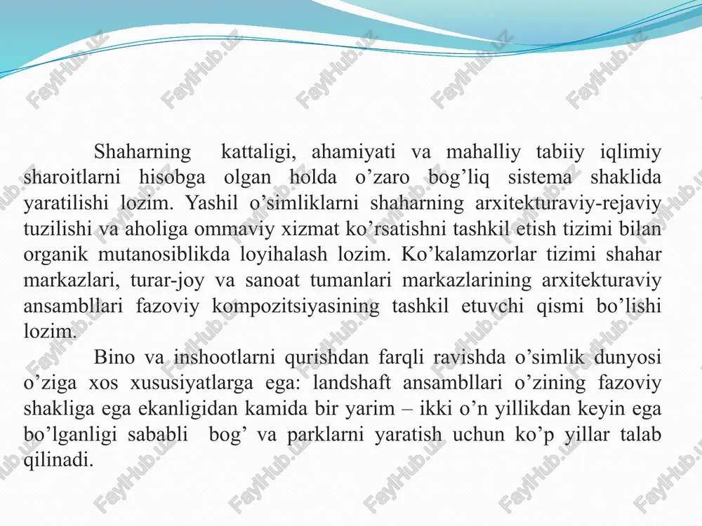 - asosan mahalliy markazlar vazifasini bajaruvchi kichik shahar joylari. kurort, ilmiy markaz, temir yo’l tugunlari vazifasini bajaruvchi shaharlar. shaharning xalq xo’jalik profili uning tarxiy tarkibiga: funktsional qismlarning joylashuvi, shuningdek, sanoat va turar-joy tumanlariga, ularning orasidagi oraliqlarga, transport aloqalari xarakteriga va boshqalarga katta ta’sir ko’rsatadi. shaharlar aholisining soni ham uning tipologik belgilaridan hisoblanadi. shaharlarni aholisining soniga qarab quyidagi guruhlarga bo’lish qabul qilingan: eng yirik shaharlar - 500-1000 minggacha va undan yuqori; yirik shaharlar - 250-500 minggacha; katta shaharlar -100-250 minggacha; o’rta shaharlar - 50-100 minggacha; kichik shaharlar - 50 minggacha. katta va yirik shaharlar bir necha turar-joy yoki shahar tumanlariga ajratilib, murakkabroq ko’kalamzorlar tizimiga ega bo’ladi. bu tizmga kichik tumanlar va turar-joy tumanlari bog’lari, umumshahar parki (markaziy qismida bo’lishi maqsadga muvofiq), transport magistrallari bo’ylab himoya ko’kalamzorlari kiradi. eng yirik shaharlar ko’kalamzorlari tizimi ularning arxitekturaviy-rejaviy yechimining xususiyatlarini aks etgan holda tabiiy landshaft bilan uzviy bog’langan. masalan, yirik daryoning ikki tomonida joylashgan shaharda …