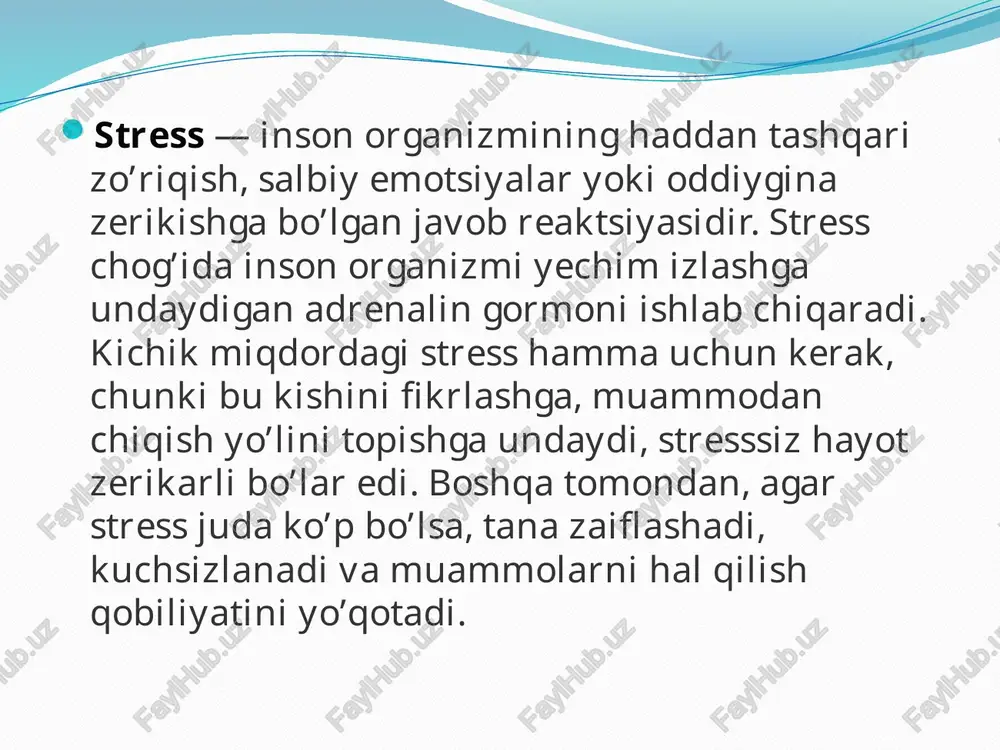 lgan bezovtalikni kiritsa bo’ladi (ish joyini o’zgartirish, qarindoshning o’limi). stressning ichki sabablari hayotiy qadriyatlar va e’tiqodlarni o’z ichiga oladi. bunga shaxsiy baholashi ham kiradi stress va depressiya ayol va erkaklarda taxminan teng darajada uchrashi mumkin. biroq, har bir organizm o’z xususiyatlariga ega. agar siz o’zingizda stress haqida so’zlashi mumkin bo’lgan alomatlarni sezsangiz, birinchi navbatda holat sababchilarini aniqlash kerak. stressning oqibatlaridan ko’ra sabablarini bartaraf etish ancha osonroq. «barcha kasalliklar asabdan» degani yolg’on emas. klinik kuzatuvlar shuni ko’rsatdiki, kichik stresslar tanaga zararli emas, hatto foydali. ular odamni hozirgi ahvoldan chiqish yo’lini topish uchun rag’batlantiradilar. depressiya og’irroq, uzoq muddatli shaklga o’tmasligi uchun har birimiz o’zimizni tarbiyalashimiz, irodamizni rivojlantirishimiz kerak. ko’p odamlar stressga qarshi antidepressantlar, spirtli ichimliklar yordamida kurashishga odatlanishgan. biroq bunday yo’lni tanlash ularga o’rganib qolish va mutaxxasis yordamsiz ulardan voz kecha olmaslikka olib keladi. stressni davolash va oldini olish barchaga ma’lumki, yaxshi uyqudan ko’ra yaxshiroq dori yo’q. shunday ekan, siz qanday uxlashingiz …