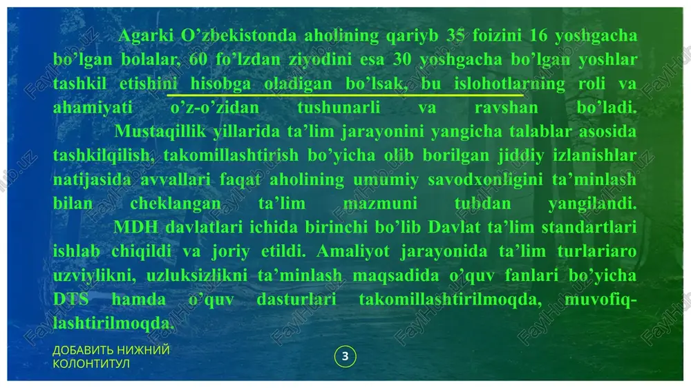 ri o’quvchilar uchun umumiy fanlar bo’yicha nafaqat to’liq bilimlar hajmini egallash, ayni vaqtda ushbu o’quv yurtlaridagi zamonaviy texnika va texnologiyalarni o’zlashtirish imkonini ham beradi. 6 dobavit nijniy kolontitul o’zbekistonda vestminster universiteti, singapur menejmentni rivojlantirish instituti, turin politexnika universiteti, rossiya neft va gaz universiteti, moskva davlat universiteti, rossiya iqtisodiyot universiteti kabi yuksak xalqaro obro’-e’tibor va chuqur tarixiy ildizlarga ega bo’lgan yevropa va osiyoning yetakchi oliy ta’lim muassasalarining filiallari tashkil etildi va muvaffaqiyatli faoliyat ko’rsatmoqda. ushbu oliy ta’lim muassasalarida mashinasozlik, neft-gaz ishi, axborot texnologiyalari, iqtisodiyot va biznes boshqaruvi, moliyaviy menejment, tijorat huquqi kabi mehnat bozorida talab yuqori bo’lgan mutaxassisliklar bo’yicha bakalavr va magistrlar tayyorlanmoqda va biz uchun g’oyat muhim jihati shundaki, ularning bitiruvchilari butun dunyoda tan olinadigan diplomlarga ega bo’lmoqda. 7 dobavit nijniy kolontitul mustaqillik yillarida pedagogik fikrlar rivojining asosiy yo’nalishlari mustaqillik yillarida o’zbekistonda pedagogik fikrlar mazmuni bilan tanishish, ularda ilgari surilgan g’oyalarni umumlashtirish asosida ularning quyidagi asosiy yo’nalishlar bo’yicha rivojlanganligiga guvoh …