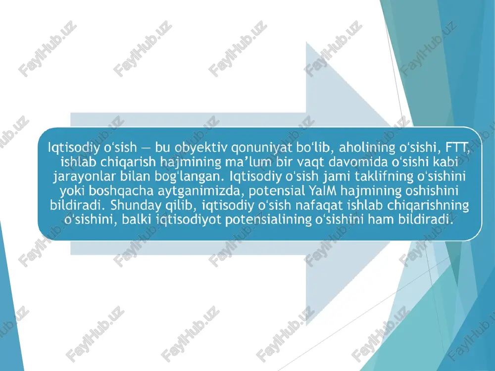 lar almashuv kursining bargarorligi ichki narxlarning bargarorligi daviat byudjeti kamomadining yalmga nisbatan 3% dan ortib ketmasligi baquwat to‘lov balansi daromadlar tagsimlanishi muammosi iqtisodiy o’sishni o‘lchash; o'sish omillari; iqtisodiy o‘sish modellari. tabiiy resurslar soni va sifati; mehnat resurslari soni va sifati; asosiy kapital hajmi; texnologiyalar va ishlab chigarishni tashkil etish; jamiyatda tadbirkorlik malakalarining rivojlanishi darajasi. eksport hajmining o'sishi; iqtisodiyotda ishlab chigarish resurslarini qayta taqsimlash imkoniyatlari; daromadlarni taqsimlashning shakllangan tizimi. ularning barchasi keynsning yalpi talab to‘g‘risidagi bosh g‘oyasiga tayanadi. ya’ni ularni tuzishda mualliflar iqtisodiyotni uzoq muddatli mutanosib rivojlanishining hal qiluvchi sharti yalpi talabni oshirish deb qarashgan; iqtisodiy o‘sishning asosiy omili investitsiyalar hisoblanadi, boshga ishlab chigarish omillari e’tiborga olinmaydi; r.xarrod 0°z modeliga uch tenglamani kiritad1: kafolatlanga || haqiqiy n o‘sish o‘sish sur’ ati sur’ ati tenglamasi; || tenglamasi; tabily o‘sish sur’ ati tenglamasi. hidan, ular e’tiborni faqat iqtisodiy o’sishning bir omiliga-kapital g‘arishga (investitsiyalarnining qo‘shimcha o’sishiga) qaratishdi. boshga omillar (ayniqsa texnik taraqqiyot bilan bog'liq …