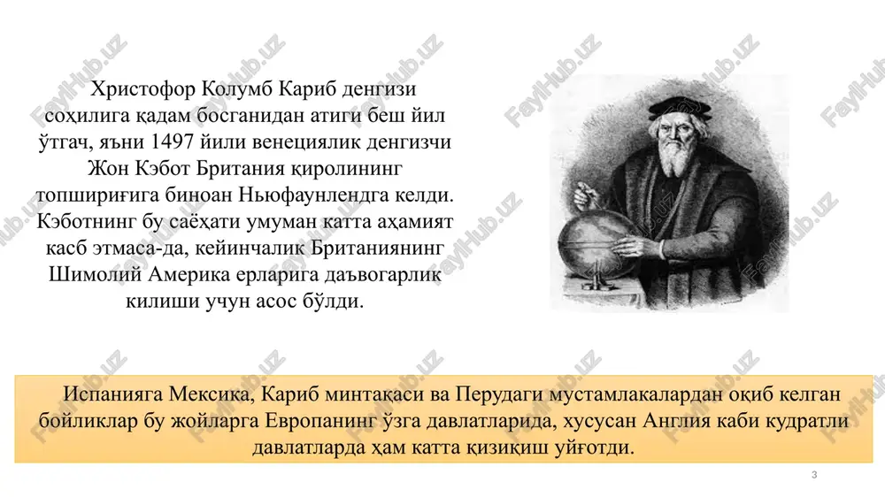 n qimmatbaho teri, mo'yna, er sotib olardi. hozirda nyu-yorkning markaziy qismi joylashgan orol hammasi bo'lib 24 dollar turadigan pichoqlar va taqinchoklarga sotib olingan. mustamlakachilar va hindular o'rtasidagi o'zaro munosabatlar hamkorlik va to'qnashuvdan iborat murakkab qorishma edi. asl amerikaliklar yangi texnologiya va savdo-sotiqqa yaqinlashtirilganidan foyda ko'rishiga qaramay, ko'chib kelganlar o'zlari bilan keltirgan kasalliklar va ochko'zlik hindularning azaldan shakllangan hayot tarzlariga jiddiy ta'sir ko'rsatdi 9 1570 yili shimoliy mintaqalardagi irokezlar o'z davrlari uchun eng demokratik davlat - «no-de-no-sau-nee», ya'ni irokezlar ligasini tashkil qilish maksadida beshta kabila birlashadi. 1600-1700 yillar davomida liga kudratli kuch bo'lgan. liga angliya bilan mo'yna savdo-sotiq ishlarini olib borib, amerikaga hukmronlik qilish uchun 1754-1763 yillar mobaynida avj olgan urushda frantsiyaga karshi buyuk britaniyaga ittifoqdosh bo'lgan. irokezlar ligasining madadi bo'lmaganda buyuk britaniya mazkur urushda g'olib chikmagan bo'lishi ham ehtimoldan xoli emas. mazkur liga amerika inqilobiga qadar o'z kuchini saklab turdi. 10 xvii asr o'rtalarida angliyada sodir bo'lgan inqilob muhojirlar sonini …