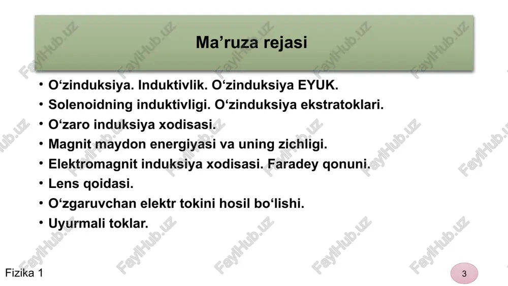 rgiyasi zichligi birlik hajmdagi magnit maydon energiyasiga teng fizik kattalik magnit energiyasining hajmiy zichligi deb ataladi. bu ifoda magnit energiyasi g‘altakning o‘ramlarida emas, balki magnit maydon xosil bo‘lgan barcha hajmda tarqalganini bildiradi. fizika 1 16 16 foydalanilgan adabiyotlar 1. q.p.abduraxmanov, v.s.xamidov, n.a.axmedova. fizika. darslik. toshkent. “aloqachi nashriyoti”.2018 y. o‘zr oo‘mtv 2017.24.08 dagi “603”-sonli buyrug‘i. 2. k.p.abduraxmanov, o'.egamov “fizika”. darslik. toshkent. “aloqachi nashriyoti”. 2013 y. o'zr oo'mtv 2009.26.02. dagi “51”-sonli buyrug'i. 3. q.p.abduraxmanov, o’.egamov. “fizika”. darslik. toshkent. o‘quv-ta’lim metodika” bosmahonasi. 2015 y. o‘zr oo‘mtv 2009.26.02. dagi “51”-sonli buyrug‘i. 4. douglas c. giancoli. physics. principles with applicathions. 2004 usa isbn-13 978-0-321-62592-2. 5. physics for scientists and engineers, raymond a. serway, john w. jewett. 9th edition, 2012. 6. “umumiy fizika fani bo‘yicha taqdimot multimediali ma’ruzalar to‘plami”. elektron o‘quv qo‘llanma. toshkent.2012 y. o‘zr oo‘mtv 2012.15.08 dagi “332/1”-sonli buyrug‘i. 7. “fizika-1 kursi bo‘yicha taqdimot multimediali ma’ruzalar to‘plami”. elektron o‘quv qo‘llanma. toshkent.2019 y. o‘zr oo‘mtv 2019.04.10 …