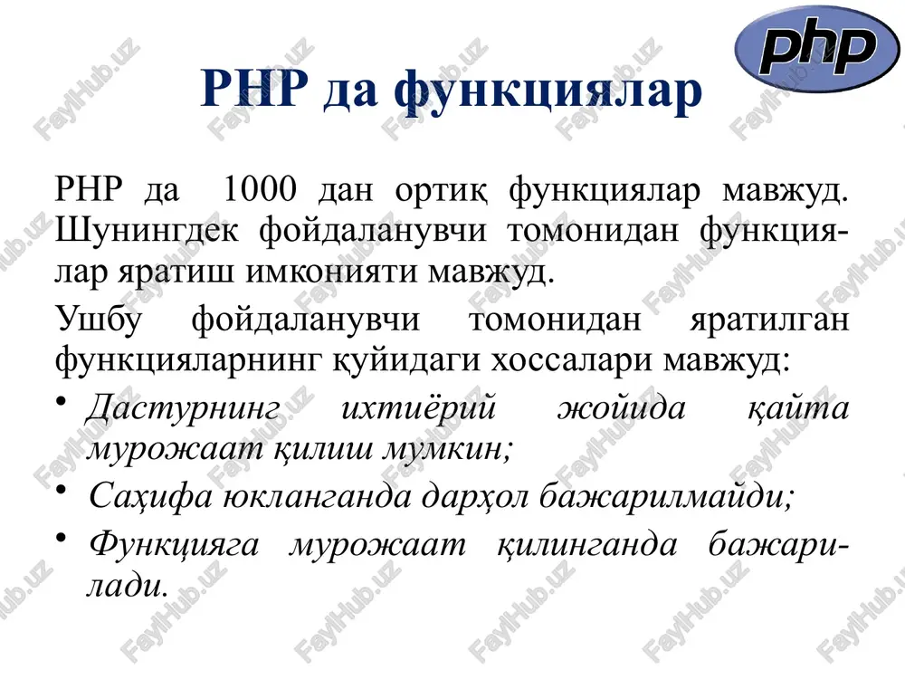 amayish tartibida saralaydi 3 krsort() assotsiativ massivlarni indeksi bo'yicha kamayish tartibida saralaydi 3 rnr da massivlar bilan ishlash funkiyalari "; } ?> php da satrlar bilan ishlash funktsiyalari funktsiya nomi izoh php versiya strlen() satrning uzunligini aniqlaydi 4 str_word_count() satrdagi so'zlar sonini aniqlaydi 4 strrev() satrni teskari tartibda o'qilishini aniqlaydi 4 php da satrlar bilan ishlash funktsiyalari funktsiya nomi izoh php versiya strpos() matndan kerakli qismni qidiradi 4 implode() massiv elementlaridan satr hosil qilib beradi 5 explode() mantdagi so'z yoki birikmalardan massiv hosil qilib beradi 4 php da satrlar bilan ishlash funktsiyalari funktsiya nomi izoh php versiya crypt() matnni shifrlashga xizmat qiladi 4 md5() matnni shifrlashga xizmat qiladi 4 sha1 () matnni shifrlashga xizmat qiladi 4 strtolower() matndagi belgilarni katta registga o'tkazadi 4 strtoupper() matndagi belgilarni kichik registga o'tkazadi 4 amaliyotdar eng ko'p foydalaniladigan funktsiyalar php da xatolarni qayta ishlash funktsiyalari veb ilovlarni ishlab chiqishda xatolarni qayta ishlash (error handling) …