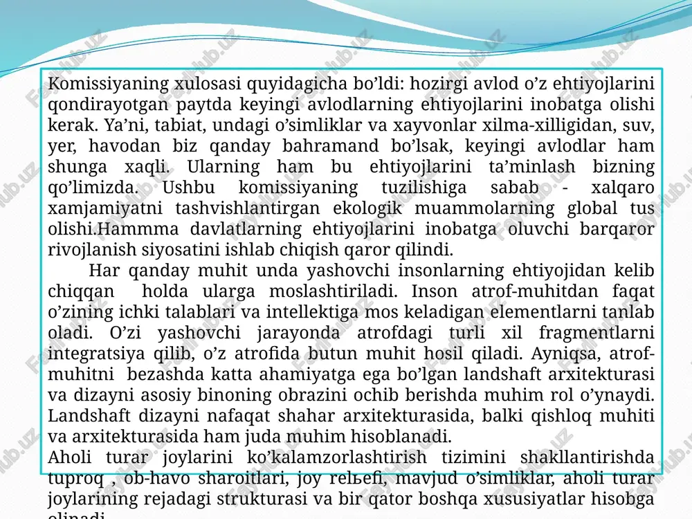 izmat ko’rsatish kontingentiga bog’liq holda xilma xildir. hozir qabul qilingan mavjud tasniflarga ko’ra barcha ko’kalamzorlar uch guruhga bo’linadi: 1) umum foydalanadigan o’simliklar; 2) chegaralangan holda foydalaniladigan o’simliklar; 3) maxsus vazifani bajaruvchi o’simliklar. 5.3. ko’kalamzorlashtirilgan hududlarni funktsional qismlarga bo’lish ko’kalamzorlashtirilgan hududlarni funktsional qismlarga bo’lishda uchta kategoriyaga bo’linadi: umumiy foydalanish - shahar tashqarisidagi o’rmon-parklar, shahar va tuman parklari. turar-joy tumanlari bog’lari, skverlar, bulvarlar; ko’chalar, maydonlar, qirg’oq bo’yi o’simliklari, xiyobonlar; foydalanish cheklangan - kvartal ichidagi bog’lar, uylar hovlilaridagi ko’kalamzorlar, jamoat va sanoat binolari hududlaridagi o’simliklar; maxsus vazifali – sanitar-himoya, suv muhofaza qismlari, botanika va zoologiya bog’lari, pitomliklar, qabristonlar. joylashish xarakteri bo’yicha shahar tashqarisidagi va shahar ichkarisidagi ko’kalamzor massivlarga bo’linadi. shahar tashqarisidagi massivlar – o’z navbatida, umumiy foydalanishga mo’ljallangan va cheklangan foydalanishga mo’ljallangan shahar atrofi ko’kalamzorlariga ajratiladi. shahar ichkarisidagi massivlar – umumiy, cheklangan va maxsus foydalanish uchun mo’ljallangan ko’kalamzorlardan iborat. umumiy yo’nalishdagi parklar - madaniyat va istirohat bog’lari, turar-joy tumanlari va kichik tumanlar bog’lari, …