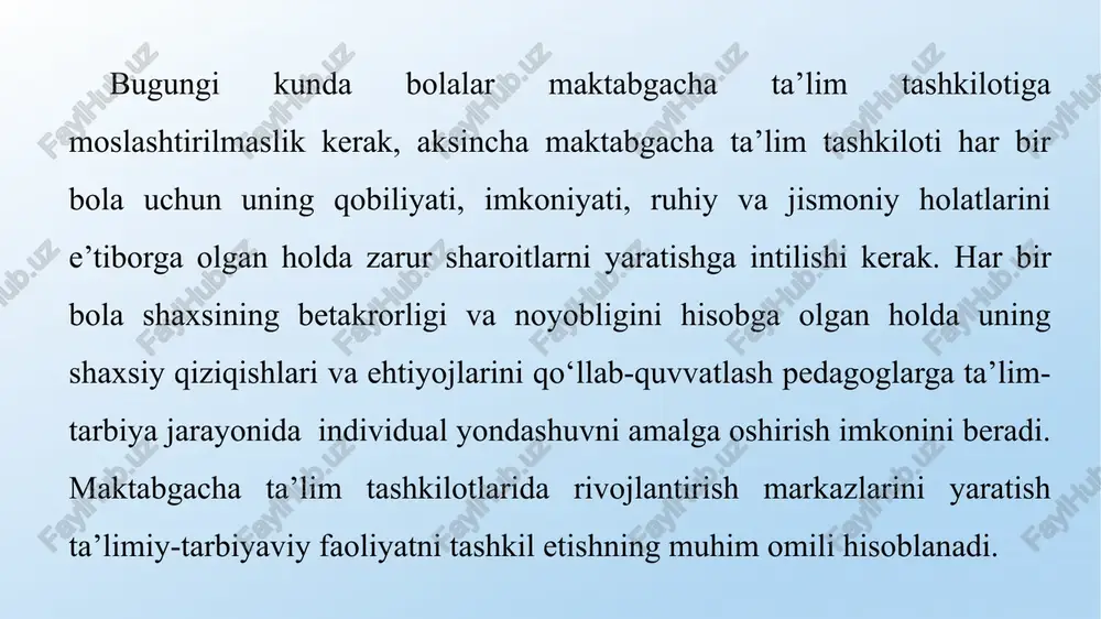 jlanish markazlari bolalarning kattalar bilan hamkorlikdagi (shuningdek, turli yoshdagi bolalar guruhi bo‘lsa undagi bolalar) faoliyatlarida o‘zaro muloqot qilish, bolalarning harakat faolligi, shuningdek, bolalarning bir-birlariga yordam berish imkoniyatlarini ta’minlaydi; c) inklyuziv ta’limni tashkil etishda unga zaruriy shart-sharoitlar yaratish lozim; d) ta’limiy-tarbiyaviy faoliyatni tashkil etishda rivojlanish markazlari sharoitlarini inobatga olish maqsadga muvofiq. rivojlanish markazlarini tashkil etishning asosiy talablari nima? rivojlanish markazlarini tashkil etishning asosiy talabi - “ilk qadam” davlat dasturini amalga oshirish hamda ilk va maktabgacha yoshdagi bolalarning rivojlanishiga qo‘yiladigan davlat talablarini bajarishdir. rivojlanish markazlarida asosiy yetakchi faoliyat nima? rivojlanish markazlarida bir vaqtning o‘zida faol muloqot va bilish-ijodiy faoliyatga tarbiyalanuvchilarni yakka tartibda, shuningdek, kichik (alohida) guruhlarda jalb etish mumkin. rivojlanish markazlardagi yetakchi faoliyat – bu o‘yin. pedagogik jarayonni rejalashtirish mavzuli rejalashtirishga ko‘ra, har bir yosh guruhida oy va hafta mavzusi belgilanadi. tarbiyachi oy mavzusini inobatga olgan holda guruhni jihozlaydi. masalan: “g‘aroyib olam”, “go‘zal bahor”, “bu zamin barchamizniki” va boshqalar. bundan tashqari, oy …