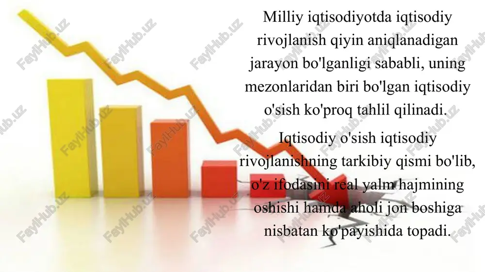 adi, ya’ni: y = f ( l , k , n ) , bu yerda: y — yalpi milliy (ichki) mahsulot; l — ishchi kuchi sarflari; k — kapital sarflari; n — tabiiy resurslar sarflari. bu funksional bog'lanishdan kelib chiqqan holda iqtisodiy o'sishni belgilab beruvchi bir qator xususiy ko'rsatkichlarni keltirib chiqarish mumkin: mehnat unumdorligi (y /l ) — mahsulot ishlab chiqarish hajmining jonli mehnat sarflariga nisbati; 2) mehnat sig‘imi (l/y) - jonli mehnat sarflarining mahsulot ishlab chiqarish hajmiga nisbati; 3) kapital samaradorligi (y/k) — mahsulot ishlab chiqarish hajmining unga sarflangan kapital xarajatlariga nisbati; 4) kapital sig'imi (k/y) — kapital xarajatlarining mahsulot ishlab chiqarish hajmiga nisbati; 5) tabiiy resurslar samaradorligi (y/n) — mahsulot ishlab chiqarish hajmining unga sarflangan tabiiy resurslar xarajatlariga nisbati; 6) mahsulotning resurslar sig‘imi (n/y) — tabiiy resurslar sarfining mahsulot ishlab chiqarish hajmiga nisbati; 7) ishchi kuchining kapital bilan qurollanganlik darajasi (k/l) — ishlab chiqarish jarayonida qo'ilanilayotgan kapital hajmining …