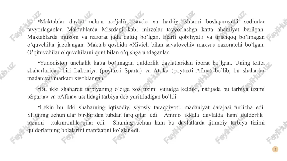 rlari maxsus suhbatlar o’tkazib, shu yo’l bilan ularga axloqiy va siyosiy tarbiya berar edilar. masalan: vatan dushmanlari bilan kurashda ota-bobolar ko’rsatgan mardligi va jasurligi, qaxramonlar xaqida suxbatlar uyushtirishar, shuningdek bolalarni savol-javob jarayonida aniq, qisqa va lo’nda qilib javob berishga o’rgatib borilar edi. spartada 18-20 yoshga yetgandan keyin maxsus «efeblar» (efeblar qadimgi yunonistonda balog’atga yetgan o’spirinlar) guruhiga o’kazilgan. bu guruhda bolalarga harbiy ta’lim berilgan va ular harbiy xizmatni o’taganlar. 5 afinada tarbiya va maorif masalasi spartaga nisbatan tubdan farq qilar edi. bu erda grammatist, polestra, gimnasiy, efeb, demos kabi maktab turlari mavjud edi. bolalar 7 yoshgacha o’llada tarbiyalanganlar. 7 yoshdan o’g’il bolalar maktabga borishgan. qizlar esa oilada ona ko’magida uy — ro’zg’or ishlariga o’rgatilgan. xotin-qizlar faqat uyda bo’lishgan. afinada bolalar dastlab 7 yoshdan 13-14 yoshgacha «grammatist», (savod o’qitish ma’nosida), «kifarist» (grekcha musiqa o’qituvchisi ma’nosida) maktablarda tahsil olganlar. bu maktablar xususiy bo’lib, xaq to’lanar edi, shuning uchun fuqarolarning bolalari bu maktablarda ta’lim …