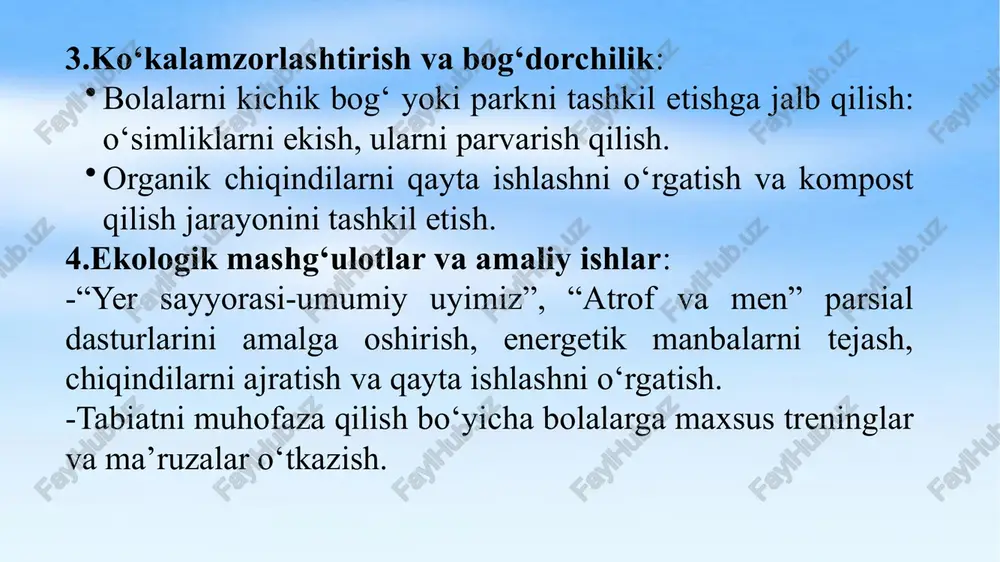 shni tarbiyalash imkoniyati tugʻiladi. bolalarda tabiatga jonajon oʻlka, ona vatanga muhabbat xuddi mana shu asosda shakllanadi. mttlarida tabiat bilan tanishtirish xilma-xil shakllarda: “fan va tabiat” rivojlanish markazida, amaliy mashgʻulotlarda, ekskursiyalarda, kundalik hayotda, kuzatishlarda (sayr vaqtida), suhbatlarda, hamda mehnatda amalga oshiriladi. mtt “ilk qadam” maktabgacha taʼlim muassasalari davlat oʻquv dasturiga asosan har bir bola uchun uning qobiliyati, imkoniyati, ruhiy va jismoniy holatlarini eʼtiborga olgan holda zarur sharoitlarni yaratishga intilishi, har bir bola shaxsining betakrorligi va noyobligini hisobga olgan holda uning shaxsiy qiziqishlari va ehtiyojlarini qoʻllab-quvvatlash, bolalarga pedagoglarning taʼlim-tarbiya jarayonida individual yondashuvini amalga oshirish imkonini beradi. “bilish jarayonini rivojlantirish” sohasidagi oʻquv-tarbiyaviy faoliyat “ilk qadam” davlat oʻquv dasturida berilgan yillik mavzuviy reja asosida oy mavzulari va hafta mavzulariga asoslanib “fan va tabiat” rivojlanish markazida va kun davomidagi turli faoliyatlarda olib boriladi. asosan “fan va tabiat” rivojlanish markazida tabiat bilan tanishtirish boʻyicha haftalik mavzular yuzasidan taʼlim-tarbiyaviy jarayonlar olib boriladi. shuningdek, tarbiyachi boshqa markaz faoliyatlarida …