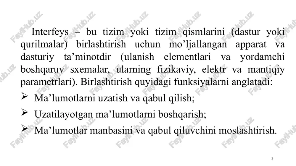 hi shina tizimli shina ko’prik periferik qurilma. kiritish-chiqarish shinalri birlamchi shina interfeysning klassifikatsiyasi o’z xususiyatlari va xarakteristikalariga ega bo’lgan turli xil maqsadlar uchun ko’plab standart kompyuter interfeyslari mavjud. ularni turli mezonlarga ko’ra sinflashtirish mumkin. 1. ma’lumotlarni uzatish usullari bo’yicha. a) parallel – bitlarning hammasini yoki bir qismini bir vaqtda sinxron uzatish, masalan, bayt, so’z, kod. ma’lumotlar shinasi bir vaqtda uzatilayotgan bitlar qancha bo’lsa, shuncha liniyalarga ega. b) ketma-ket – ma’lumotlar bitlarini ketma-ket, sinxron uzatish. ma’lumotlar uchun faqat bitta liniya talab etiladi. ketma-ket interfeyslar parallelga qaraganda sodda va arzon. ketma-ket interfeyslarning ishlashini yaxshilash uchun bir nechta ketma-ket kanallar orqali so’z razriyadlar guruhini bir vaqtda, parallel uzatilishi qo’llaniladi. 2. almashishni tashkillashtirish bo’yicha. a) simpleks (oddiy) – bir tomonlama uzatish. b) yarim dupleks – ikki tomonlama uzatish, lekin har xil vaqtda, bir xil liniyalar bo’yicha uzatish. d) dupleks – bir vaqtning o’zida ikki tomonlama uzatish. har bir yo’nalish o’z liniyalarini talab qiladi. 3. …