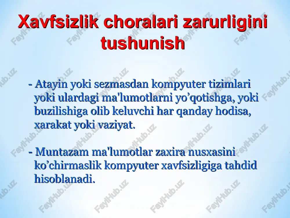 sh ijtimoiy injeneriya ustunlikka ega foydalanuvchi mavqei zaif dasturlardan foydalanish faoliyat olib boruvchi xakerlar ushbu jinoyatlarning ko'plaridan foydalanishni namoyish etuvchi saxnalarni kiritadilar 14a-* foydalanuvchilar uchun xavf shaxsiy axborotlarini yo’qotish shaxsiy axborotlar elektron ko’rinishda saqlanadi xaridlar ma'lumotlar bazasida saqlanadi ma'lumotlar boshqa kompaniyalarga sotiladi internetda jamoatchilik arxivlari internetdan foydalanish nazorat qilinadi va qayd etiladi ushbu texnikalarning xech biri noqonuniy hisoblanmaydi * foydalanuvchilar uchun xavf josus dt kompyuterga yuklangan dasturiy ta'minot shaxsiy axborotlarni yozib olish uchun ishlab chiqilgan odatiy noma’qbul dasturiy ta'minot foydalanuvchidan yashirinadi bartaraf qilish uchun ba'zi dasturlar mavjud * * 14a-* foydalanuvchilar uchun xavf veb-baglar .gif tasvirga kiritilgan kichik dasturlar kompaniyalar foydalanishni kuzatish uchun foydalanadilar josus dasturlar killerlari bilan blokirovka qilinadi * * o'qitish uchun maslahat web bugs bo'yicha qo'shimcha axborotlarni en.wikipedia.org/wiki/web_bug.saytidan topish mumkin foydalanuvchilar uchun xavf spam talab etilmagan elektron tijorat xati tarmoqlar va shk spam blokiratorlariga muhtojlar kirish pochtasiga kirmasidan oldin spamni to’xtatish kerak spamerlar ko’plab metodlardan foydalanib manzillarga …