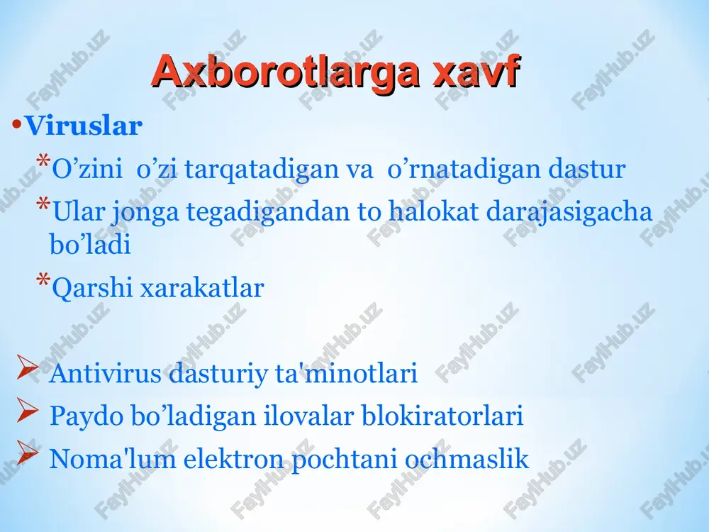 ni o’chirib tashlang zaxira nusxalar ko’chiring to’la extiyot nusxa ko’chirish differensial zaxira nusxalari inkrementli zaxira nuszalari magnit lenta zip disk cd-r / cr-rw dvd-ram qo’shimcha qattiq disk * elektron raqamli imzo elektron raqamli imzo – elektron hujjatdagi mazkur elektron hujjat axborotini elektron raqamli imzoning yopiq kalitidan foydalangan holda maxsus o’zgartirish natijasida hosil qilingan hamda elektron raqamli imzoning ochiq kaliti yordamida elektron hujjatdagi axborotda xatolik yo’qligini aniqlash va elektron raqamli imzo yopiq kalitining egasini identifikatsiya qilish imkoniyatini beradigan imzo; elektron raqamli imzoning yopiq kaliti – elektron raqamli imzo vositalaridan foydalangan holda hosil qilingan, faqat imzo qo’yuvchi shaxsning o’ziga ma`lum bo’lgan va elektron hujjatda elektron raqamli imzoni yaratish uchun mo’ljallangan belgilar ketma-ketligi; elektron raqamli imzoning ochiq kaliti – elektron raqamli imzo vositalaridan foydalangan holda hosil qilingan, elektron raqamli imzoning yopiq kalitiga mos keluvchi, axborot tizimining har qanday foydalanuvchisi foydalana oladigan va elektron hujjatdagi elektron raqamli imzoning haqiqiyligini tasdiqlash uchun mo’ljallangan belgilar ketma-ketligi; …