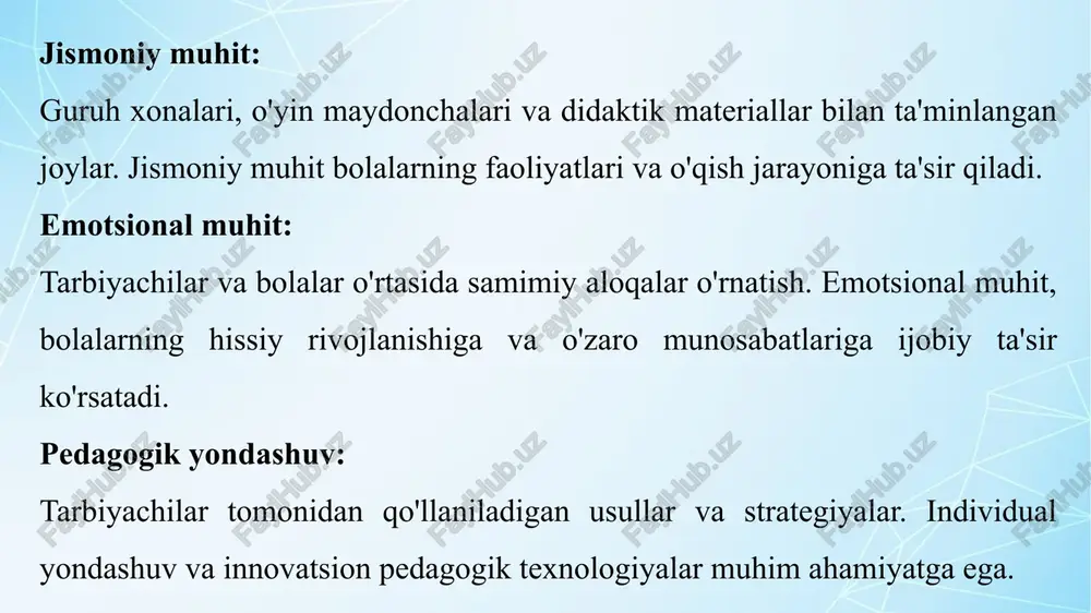 . ochiq muloqot, samimiy aloqalar va qiziqishlarni rag'batlantirish bolalarning rivojlanishiga va ta'lim jarayonining samaradorligiga ijobiy ta'sir ko'rsatadi. qulay muhit orqali bolalar o'zlarini erkin his qiladilar, ijodiy fikrlashadi va o'z ko'nikmalarini to'liq namoyon qilish imkoniyatiga ega bo'lishadi rivojlanish markazida ta'lim faoliyati qanday olib boriladi? nazorat savollari: 1. qanday qilib tarbiyachilar bolalar bilan o'zaro ta'sir qilish orqali qulay muhit yaratishi mumkin? 2. bolalar uchun xavfsiz va samimiy muhitni qanday ta'minlash mumkin? 3. qanday faoliyatlar bolalarning kognitiv rivojlanishini qo'llab-quvvatlaydi? 4. ota-onalar bilan hamkorlik qilish ta'lim jarayoniga qanday ijobiy ta'sir ko'rsatadi? 5. jamoaviy o'yinlar bolalarning ijtimoiy ko'nikmalarini rivojlantirishda qanday rol o'ynaydi? 6. qanday qilib bolalarning his-tuyg'ularini tushunish va ularga yordam berish mumkin? 7. tarbiyachilar o'zaro ta'sirni qanday usullar bilan rivojlantirishlari mumkin? 8. ta'lim jarayonida bolalarning mustaqil fikrlashini qanday rag'batlantirish mumkin? 9. qanday metodlar bolalarning e'tiborini saqlashda samarali bo'lishi mumkin? 10. tarbiyachilarning professional malakasi bolalarning rivojlanishiga qanday ta'sir ko'rsatadi? foydalanish uchun tavsiya etiladigan adabiyotlar 1. …