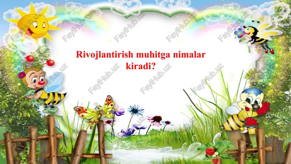 lari bilan birgalikdagi faoliyat amalga oshiriladi va nihoyat bolaning mustaqil faoliyati amalga oshiriladi”. bolaning rivojlanishini ta’minlashga qaratilgan markazlar faoliyati nafaqat bolani mustaqil hayotga tayyorlaydi balki bugungi kunni samarali o‘tishi, o‘sish va rivojlanish jarayoni tabiiy holda kechishi uchun zarur shart-sharoitlar yaratishni ko‘zda tutadi. buyuk olimlar jan piaje, erikson, l.s.vigotskiy nazariyalari bo‘yicha bolani o‘rab turgan rivojlanish muhitni faollik markazlariga bo‘lishni tavsiya etadi. buning uchun guruhdagi barcha materiallar va jihozlar sohalar bo‘yicha tartibga solinishi lozim. bu bolalar o‘yinlari va ishlarining yanada qulay uyushtirilishiga yordam beradi. bu sohalar faollik markazlari deb ataladi. bugungi kunda rivojlanish markazlar deb yuritilmoqda. mtt tarbiyachilari uchun kun tartibi va ta’lim-tarbiya jarayonini tashkil etish bo‘yicha yo‘riqnoma mttlarida rivojlanish muhiti va rivojlanish markazlarining predmetli rivojlanish muhitini to‘g‘ri tashkil etishda qanday ahamiyatga ega? berilgan savolga javoblaringizni yozing. nazorat savollari: 1.rivojlantiruvchi muhit nima? 2.maktabgacha ta’lim tashkilotida tarbiyachining rivojlanish markazlarini tashkil etishi va unga rahbarlik qilishi qanday tartibda amalga oshiriladi? 3. pedagogik jarayonni rejalashtirish …
