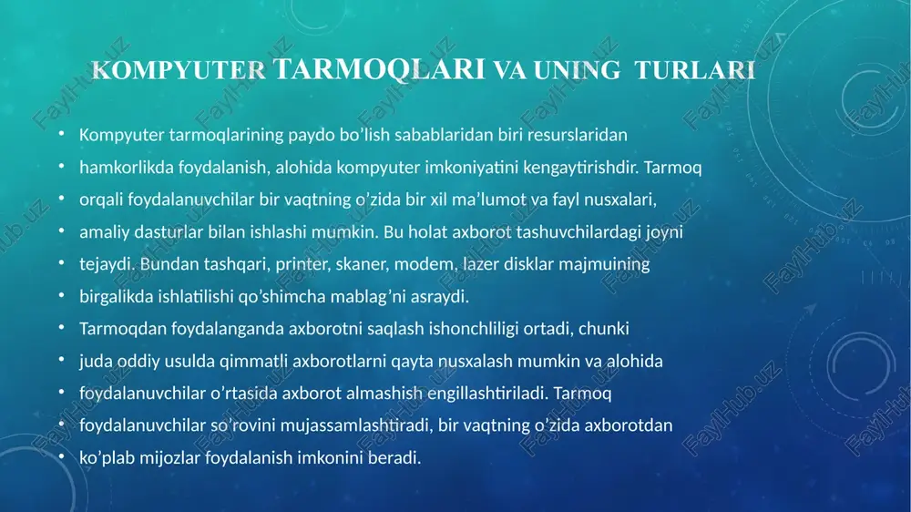 ishadi. marshrutlash bu - kerakli manzilga axborot blokini uzatish yo’lini aniqlash jarayonidir. marshrutlash bu - kerakli manzilga axborot blokini uzatish yo’lini aniqlash jarayonidir. global tarmoq global kompyuter tarmoqlari turli mamlakatlarda, turli qit'alarda joylashgan abonentlarni birlashtiradi , ya’ni global tarmoq – dunyoning ixtiyoriy davlatidagi kompyuterlarni o’zida birlashtirish imkoniniga ega bo’lgan tarmoq. abonentlar orasida aloqa bunday tarmoqlarda telefon aloqa liniyalarda, radioaloqa va sputnik aloqa tizimlari asosida amalga oshiriladi. tarmoqda axborotni ishlab chiqaruvchi va undan foydalanuvchi ob'ektlar tarmoq ob'ektlari deyiladi. tarmoq ob'ektlari alohida kompyuter, kompyuterlar kompleksi , ishlab chiqarish robotlari va boshqalar bo’lishi mumkin. tarmoqda axborotni ishlab chiqaruvchi va undan foydalanuvchi ob'ektlar tarmoq ob'ektlari deyiladi. tarmoq ob'ektlari alohida kompyuter, kompyuterlar kompleksi, ishlab chiqarish robotlari va boshqalar bo’lishi mumkin. axborotlarni territorial joylashuviga ko’ra kompyu ter tarmoqlarini uchta asosiy sinfga bo’lish mumkin: global tarmoqlar , regional (mintaqaviy) tarmoqlar, lokal (mahalliy) tarmoqlar. mintaqaviy kompyuter tarmoqlari bir-biridan ancha uzoqda joylashgan biror mintaqaga tegishli abonentlarni birlashtiradi. masalan, biror …