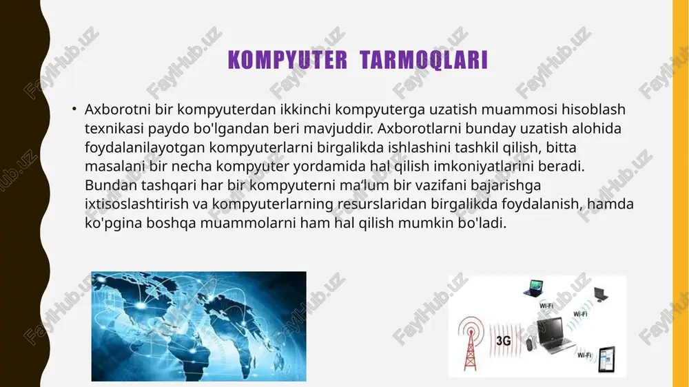 tlarini bir qismidir. masalan, ular har turdagi kompyuterlararo axborot almashinuvini ham amalga oshiradi. tarmoq abonenti bo'lib faqat kompyuter emas, balki boshqa qurilmalar ham bo'la oladi. tarmoq xavfsizligi kompyuter tarmogʻi va uning tarmoqdan foydalanish mumkin boʻlgan resurslariga ruxsatsiz kirish, notoʻgʻri foydalanish, oʻzgartirish yoki rad etishning oldini olish va nazorat qilish uchun tarmoq administratori tomonidan qabul qilingan qoidalar va siyosatlardan iborat. tarmoq xavfsizligi korxonalar, davlat idoralari va jismoniy shaxslar oʻrtasidagi kundalik tranzaksiyalar va aloqalarni taʼminlash uchun davlat va xususiy kompyuter tarmoqlarida qoʻllanadi. image1.png image2.png image3.png image4.png image5.png @ |) 1 | 3c) \| ; 'e wee as) r/ /docprops/thumbnail.jpeg