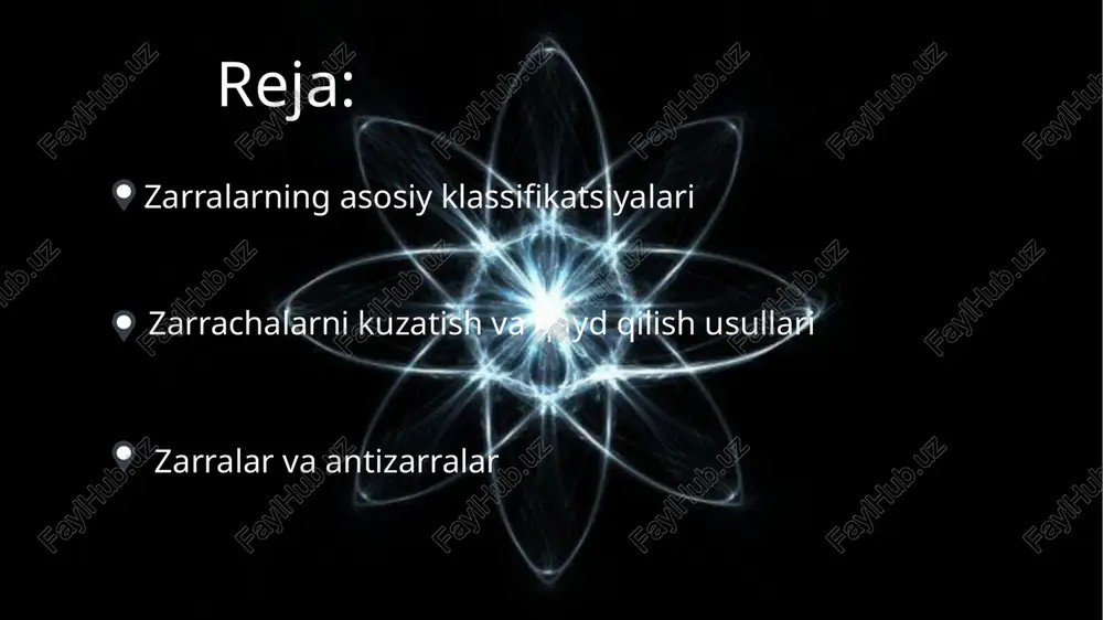 ning harakat yo‘nalishi bilan θ burchak tashkil etar ekan. uning matematik ifodasi quyidagicha bo‘ladi: (7) ifodadan ko‘rinadiki nurlanishning yo‘nalishini aniqlasak, harakatdagi zarrachaning muhitdagi ϑ tezligini ham aniqlashimiz mumkin. (7) ifodadan foydalanib sindirish ko‘rsatkichi n bo‘lgan muhit uchun burchakning eng katta qiymatini aniqlash mumkin. θ=θ max bo‘lishi uchun β=v/c shart bajarilishi, ya’ni zaryadlangan zarrachaning muhitdagi tezligi yorug’lik tezligiga tenglashishi (ϑ = s ) lozim. natijada (7) ifodaga muvofiq (8) ifodani muhit suv bo‘lgan hol uchun tadbiq etsak, n=1,33; ϑ = s ekanligini hisobga olib θmax=41,5* ga tengligini aniqlash mumkin. antizarralar – massasi, spini, izotopik spini, juft-toqligi oʻzining "egizak" zarrasining mos parametrlariga oʻzaro teng boʻlib, bir-bi-ridan faqat elektr va nuklon zaryadlari, ajibligi, magnit momentlarining ishoralari bilan farq qiladigan elementar zarralar.zarra va a. ga misollar: elektron va pozitron, proton va antiproton, neytron va antineytron, neytrino va antiney-trino. bundan koʻrinadiki, a. zaryadli zarralarda ham, elektr jihatdan neytral (zaryadsiz) zarralarda ham mavjud.antiproton (r) proton (r) …