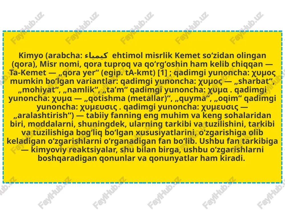 paydo boʻla boshlaydi. bular quydagilardir: olov-suv, issiql-sovuq, quruq — namlik mil avv v asrda gretsiyada levkipp va demokrit materikaning atomlardan tuzilishi nazariyasini ishlab chiqishdilar atomizm . yozuv tuzilishiga oʻxshatib, nutq soʻzlardan, soʻzlar esa harflardan iborat boʻlgani kabi, barcha moddalar ham maʼlum birikmalardan (molekulalardan) iborat, ular oʻz navbatida boʻlinmas elementlardan iborat hisoblanadi(atomlar). kimyo mustaqil fan sifatida xvi — xvii asrlarda dunyoning mexanik manzarasini, sanoatning rivojlanishini va burjua jamiyatining paydo boʻlishini asoslovchi bir qator ilmiy kashfiyotlardan soʻng aniqlandi. biroq, kimyo, fizikadan farqli oʻlaroq, miqdoriy jihatdan ifodalanishi mumkin emasligi sababli, kimyo miqdoriy jihatdan takrorlanadigan fanmi yoki boshqa bilim turimi, degan bahslar mavjud edi. 1661-yilda robert boyl " skeptik kimyogar " asarini yaratdi, unda u turli moddalarning xossalaridagi farqni ular moddaning xususiyatlari uchun javobgar boʻlgan turli zarrachalardan (korpuskulalar) qurilganligi bilan izohladi. van helmont yonish jarayonini oʻrganib, uning davomida hosil boʻladigan modda uchun gaz tushunchasini kiritdi, karbonat angidridni kashf etdi. 1811- yilda avogadro elementar gazlarning …