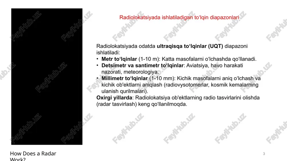 utaxassislar tayyorlash. radiolokatsiyasini rivojlantirish uchun ilmiy baza yaratish. bu bosqichda radiotexnika sohasi yuqori ilmiy-uslubiy bazaga ega bo‘la boshladi. doimiy to‘lqinli rlslardan impulsli rlslarga o‘tish sabablari dastlabki radioqidirgichlar uzluksiz to‘lqinlar asosida ishladi, biroq ular faqat ob’ekt mavjudligini aniqlay olardi, masofani o‘lchash esa imkonsiz edi. uzluksiz signal refleksiyalari va shovqinlarga juda sezgir bo‘lib, natijalarni buzardi. 1930-yillarda ushbu cheklovlarni bartaraf etish uchun rlslarni impulsli rejimda ishlatish yo‘nalishi rivojlandi. impulsli signallar uzatish va qabul qilishni vaqt bo‘yicha ajratishga imkon berdi, bu esa masofa aniqligini sezilarli oshirdi. impulsli radiolokatsiyaning ishlash prinsipi impulsli radiolokatsiyada elektromagnit impulsi yuboriladi, u ob’ektga urilib qaytadi va qabul qilinadi. signal yuborilishi va qaytishi orasidagi vaqt bo‘yicha masofa aniqlanadi: bu yerda: r — masofa, c — yorug‘lik tezligi, t — vaqt farqi. bu yondashuv masofani aniqlash, harakatni kuzatish va tahlil qilish imkonini berdi. doimiy to‘lqinli rlslarning saqlanib qolgan sohalari impulsli rlslar asosiy texnologiyaga aylangani bilan, doimiy to‘lqinli radioqidirgichlar past balandlikdagi ob’ektlarni aniqlashda …