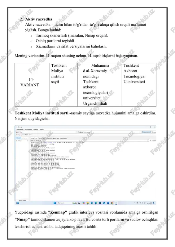 hujumini amalga oshirdim. natijasi quyidagicha: yuqoridagi rasmda "zenmap" dasturi orqali amalga oshirilgan tarmoq skanerlash natijalari aks etgan. quyida natijalar tahlili: 1. nmap buyruq satri: buyruq nmap -t4 -a -v ubit.uz ko'rinishida ishlatilgan. -t4: tez skanlash rejimini bildiradi. -a: ishlatilgan xizmatlarni aniqlash va operatsion tizimni aniqlash rejimi. -v: batafsil ma'lumotlarni ko'rsatadi. ubit.uz: skan qilingan manzil (domen yoki ip). 2. topilgan ip manzil: · domen ubit.uz 95.46.96.14 ip manziliga mos kelgan. 3. ochiq portlar: quyidagi portlar ochiq ekanligi aniqlangan: · 80/tcp: http (veb-server uchun ishlatiladi). · 443/tcp: https (shifrlangan veb-server). · 8080/tcp: odatda http yoki boshqa xizmatlar uchun ishlatiladi. · 2222/tcp: ssh (alternativ port). · 3389/tcp: rdp (remote desktop protocol). bu portlarning ochiq bo'lishi ushbu xizmatlarning faol ekanligini ko'rsatadi. 4. dns rezolyutsiyasi: · ubit.uz domenining parallel dns rezolyutsiyasi 0.17 soniyada amalga oshirilgan. 5. xizmat skanlash vaqti: · skanlash umumiy hisobda taxminan 11.45 soniya davom etgan. toshkent axborot texnologiyai uuniversiteti -rasmiy saytiga razvedka …