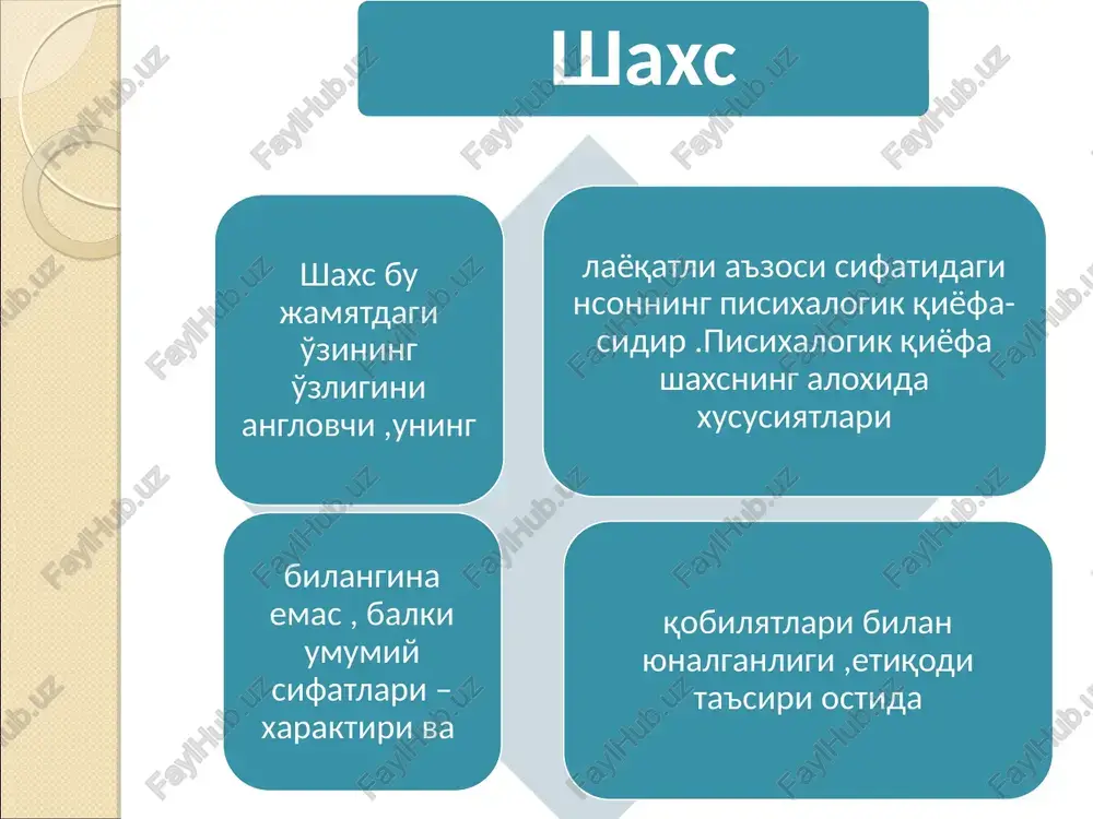 kulturnix, samosovershenstvovaniya inson tug'ilgandan so'ng shaxs sifiatida shakllanish uchun nimalar kerak? 9 10 shaxsning biologik jihatdan belgilangan sifatlari tabiiy extiyojlar (uyqu, ovqatlanish va boshqalar) asab tizimning turi va xususiyatlari (xolerik, sangvinik, flegmatik, melanxolik) alohida psixik jarayonlrning nasliy belgilanishi shaxsning shakllanishidagi somatik, jinsiy va yoshga bog'liq xususiyatlari 11 psixik jarayonlar va holatlarning individual xususiyatlari shaxsning bilish jarayonlari psixik holatlar emotsional-irodaviy holatlar qo'rqoqlik va botirlik emotsiya va hissiyotlarning tashqi ifodasi 12 shaxsning ijtimoiy hayoti bilan belgilangan sifatlari jamoaviy extiyojlar va faoliyat motivlari manfaatlar va qadriyatlar ijtimoiy yo'nalish (maqsad-muddao) dunyoqarash va shaxsning e'tiqodi ideallar va hayotiy istiqbollar shaxsning yo'nalishi (intilishlari) 13 shaxsning xayotiy va kasbiy tajribasi nazariy va amaliy bilimlar ko'nikmalar mahorat odatlar 14 abraxam maslou bo'yicha extiyojlarning klassifikatsiyasi o'zini namoyon etish xurmat ijtimoiy xavfsizlik va ximoyalanish fiziologik birlamchi ikkilamchi 15 diagramma ochiq xolda kuyidagicha namoyon bo'ladi: 16 1. fiziologik extiyojlar, ular insonga tirik qolishga yordam beradilar. bular ichida, ovqatlanish, suv, yashash joyga …