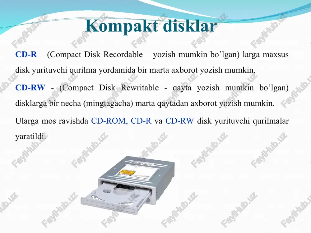 bo’ladi. unda 133 mm aylana simon disk bo’lib, to’rtburchak ko’rinishdagi palstmas himoyalagich bilan qoplangan. bu himoyalagichning uch tirqishi bo’lib, aylana shaklidagi tirqish disk yurituvchiga moslashadi, yoy burchakli tirqishda esa ma'lumot o’quvchi pero joylashadi, kichkina to’rtburchakli tirqish ma'lumotni yozish va o’qish uchun ruhsat berish vazifasini bajaradi. agar kichik tirqish qora ranli qog’oz bilan berktirilsa, disketadan faqat ma'lumotlarni o’qish mumkin. bu disketalarni hajmiga qarab har birining o’qish qurilmasi alohida bo’ladi. ushbu disketaning diskining diametri 133 mm, shuning uchun uni 5,25 dyuymli deyiladi. yumshoq disklar. disketa - ma’lumotlarni, dasturlarni doimiy saqlash, uzatish, qabul qilish maqsadida disketalar ishlatiladi. unga fdd (floppy disk driver – egiluvchan disk qurilmasi) yordamida ma’lumotlar va dasturlar yoziladi va undan o‘qiladi. hozirda hd (high definition - yuqori aniqlikdagi) rusumidagilar asosan hajmi 1,44 yoki o‘ta yuqori 2,88 mbaytga teng bo‘lganlari keng ishlatilmoqda. 3,5 dyuymli disketalar hajmiga ko’ra 0.72, 1.44, 2, 2.88 mbaytli. bu disketalar qattiq plastmas qobiq ichida joydashgan, diskning diametri …