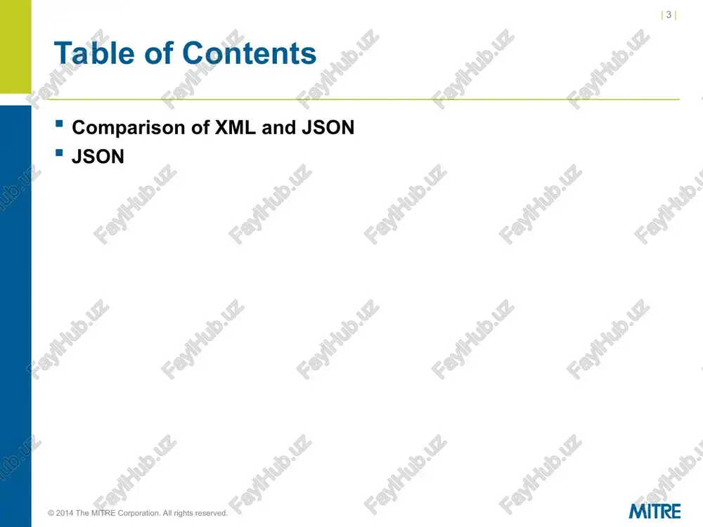 © 2014 the mitre corporation. all rights reserved. so is this "hello world" | * | © 2014 the mitre corporation. all rights reserved. and so is this true | * | © 2014 the mitre corporation. all rights reserved. and this [ true, null, 12, "abc" ] | * | © 2014 the mitre corporation. all rights reserved. whitespace is irrelevant { "name": "john doe", "age": 30, "married": true } {"name":"john doe","age":30,"married":true} equivalent | * | © 2014 the mitre corporation. all rights reserved. string delimiters: json vs. xml json strings are always delimited by double quotes. xml strings (such as attribute values) may be delimited by either double quotes or single quotes. | * | © 2014 the mitre corporation. all rights reserved. using json you can define arbitrarily complex structures { "book": { "title": "parsing techniques", "authors": [ "dick grune", "ceriel j.h. jacobs" ] } } { …