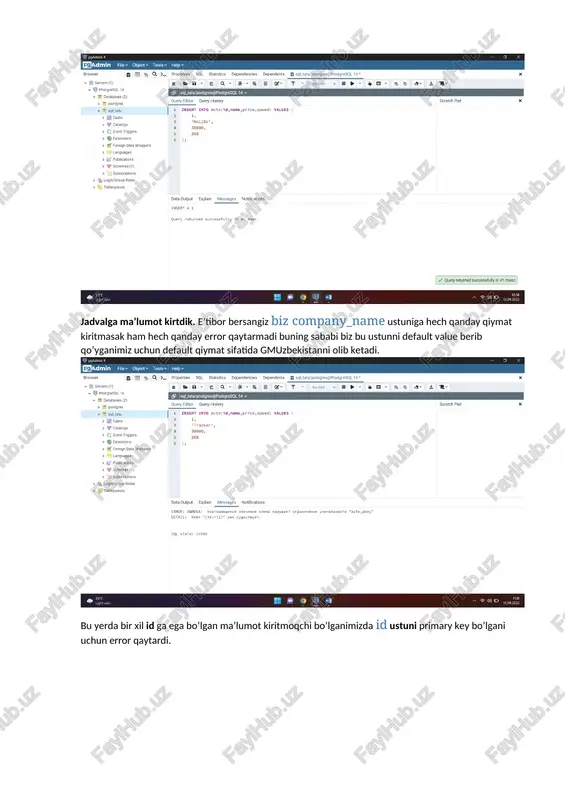 | 1 drop table avto; 2 > (© event triggers > ® extensions foreign data wrappers > & languages > © publications > & schemas (1) > ~ subscriptions > & login/group roles > &, tablespaces data output explain messages notifications drop table query returned successfully in 78 msec. y query returned successfully in 78 msec. §p paadmin 4 (e\admin filer objecty toolsy helpy browser sb. q_>>_ properties sql statistics dependencies dependents § sql_tatu/postgres@postgresql 14* x v & servers (1) s @ary 8 qy by & td by vy ov. nolimt v py wer = 3 @ & by 1 sp ocmme sql_tatu/postgres@postgresql 14 v v & databases (2) 3s | sal taw/postares@postg scratch pad x query editor query history > & postgres v = sqltatu | 1 create table avto ( > b casts 2 id integer not null primary key, > & catalogs 3 name varchar (25), 4 …