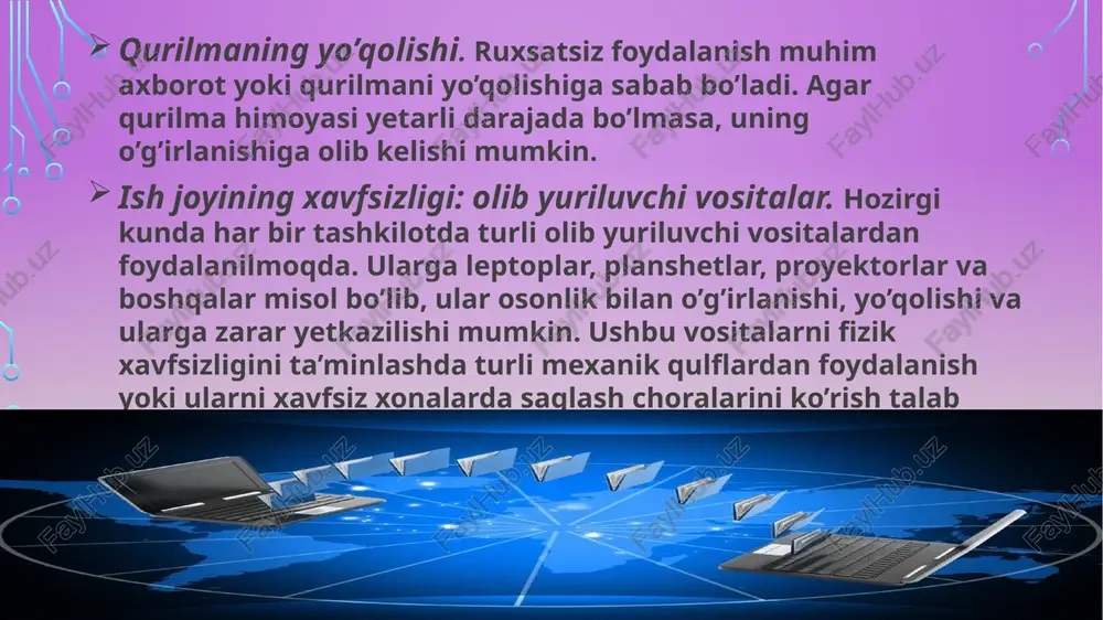 oydalanuvchilarni qasddan qilgan harakatlari. xodim ishdan bo’shab ketgan bo’lsada, taqsimlangan diskdan foydalanish imkoniyatiga ega bo’lishi mumkin. u mazkur holda tashkilot maxfiy axborotini chiqib ketishiga sababchi bo’lishi mumkin ma’lumotlarni zaxira nusxalash – muhim bo’lgan axborotni nusxalash yoki saqlash jarayoni bo’lib, bu ma’lumot yo’qolgan vaqtda qayta tiklash imkoniyatini beradi. ma’lumotlarni zaxira nusxalashdan asosiy maqsad quyidagilar: − zarar yetkazilgandan keyin tizimni normal ish holatiga qaytarish uchun; − tizimda saqlanuvchi muhim ma’lumotni yo’qolishidan so’ng uni qayta tiklash uchun. tashkilotlarda ma’lumot yo’qolishi moliyaviy tomondan va mijozlarga aloqador holda ta’sir qilishi bilan xarakterlansa, shaxsiy kompyuterda esa shaxsiy fayllarni, rasmlarni va boshqa qimmatli axborotni yo’qolishiga sababchi bo’ladi. ma’lumotlarni yo’qolishiga quyidagilar sababchi bo’lishi mumkin: inson xatosi: qasddan yoki tasodifiy ma’lumotni o’chirib yuborilishi, ma’lumotlarni saqlash vositasini to’g’ri joylashtirilmagani yoki ma’lumotlar bazasini xatolik bilan boshqarilganligi. - g’arazli hatti-harakatlar: tashkilotdagi muhim ma’lumotlarni modifikasiyalanishi yoki o’g’irlanishi. tabiiy sabablar: quvvat o’chishi, dasturiy ta’minot to’satdan o’zgarishi yoki qurilmani to’satdan zararlanishi. - tabiy ofatlar: zilzila, …