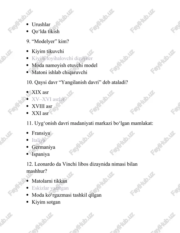 5. o‘rta asr ayollar libosining xususiyati: keng va ochiq uzoq, yopiq, og‘ir matolardan tikilgan sportcha minimalist 36. libos dizaynida kompozitsiya nimani bildiradi? rang uyg‘unligi matoning turi kiyim qismlarining uyg‘un joylashuvi to‘qimachilik 37. qadimgi yunonistonda erkaklar qanday kiyim kiygan? toga xiton kimono xalat 38. “minimalizm” uslubi modada qachon paydo bo‘lgan? xix asrda xv asrda xx asrning ikkinchi yarmida xxi asrda 39. “barokko” uslubidagi liboslar qanday bo‘lgan? hashamatli, og‘ir bezakli oddiy qisqa keng 40. “rokoko” uslubi nimasi bilan farq qiladi? og‘irlik noziklik, mayin ranglar, bezaklarning nafisligi qoramtir ranglar soddaligi 41. uyg‘onish davrida kiyim bezaklari asosan nimadan yasalgan? tilla ip, marvarid, toshlardan paxta yog‘och charm 42. libos dizayni tarixida “industrial moda” qachon paydo bo‘lgan? xv asrda xix asrda xx asrda xxi asrda 43. moda jurnallari keng tarqala boshlagan davr: xviii asr xix asr oxiri – xx asr boshlarida xv asr xxi asr 44. o‘zbekiston libos san’atida “doppi” nimani anglatadi? milliy bosh kiyim poyabzal …