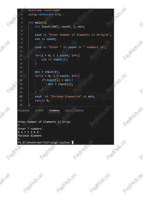 x2 = (-b - sqrt(discriminant)) / (2*a); 15 cout cd “d:\shokhrukh\tuit\algo loyiha\" ; if ($2) { ¢ enter coefficients a, b and c: 451 roots are real and different. x1 = -0.25 x2 = -1 ps d:\shokhrukh\tuit\algo loyiha> 27 28 29 30 31 32 33 34. 35 problems realpart = -b/(2*a); imaginarypart =sqrt(-discriminant)/(2*a); cout cd “d:\shokhrukh\tuit\algo loyiha\" ; if ($?) { g++ 1. enter coefficients a, b and c: 451 roots are real and different. x1 = -0.25 x2 = -1 ps d:\shokhrukh\tuit\algo loyiha> if 1 #include 2 using namespace std; 3 4 int main(){ 5 int input[10@], count, i, min; 6 7 cout > count; 9 10 cout > input[i]; 14 } 15 16 min = input[e]; 17 for(i = @; i ff 3) (44+28)(34—b). | 2 3 re a=(4 —-2 1 oo 1-!i ) (- em nh oow