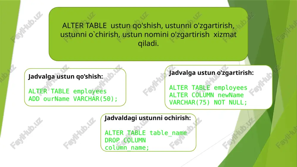 cheklovi, ustundagi barcha qiymatlar boshqacha bo'lishini ta'minlaydi. unique va primary key cheklovlari ustunlar yoki ustunlar to'plamining noyobligini kafolatlaydi. primary key cheklovi avtomatik ravishda unique chekloviga ega. biroq, har bir jadvalda unique cheklovlari bo'lishi mumkin, ammo bitta jadvalda faqat bitta primary key cheklovi mavjud. sql unique misol rename change modify rename and change komandalari obyekt va atributlarni qayta nomlash uchun xizmat qiladi. rename bu oybekt uchun, change esa atribut uchun qo’llaniladi. sintaksis. alter table ‘table_name’ rename to ‘new_table_name’ alter table ‘table_name’ change column `old_col.name` `new_col.name` image1.png image2.png image3.png image4.png image5.png image6.png image7.png image8.png image9.png image10.png image11.png image12.png image13.png image14.png image15.png image16.png image17.png image18.png image19.png image20.png image21.png image22.png image23.png image24.png image25.png image26.png image27.png image28.png image29.png image30.png image31.png image32.png image33.png image34.png image35.svg image36.png image37.png image38.png image39.png image40.png image41.png image42.png image43.png image44.png 'sql> sql> insert into noutbukla(model,ram,ogirligi,narxi) values(‘macbook 16 m1 pro’ ,16,2.3,25@@),("macbook air apple 13 in ",8,2,2100) (“macbook pro 13",8,1.9,2000); uery ok, 3 rows …