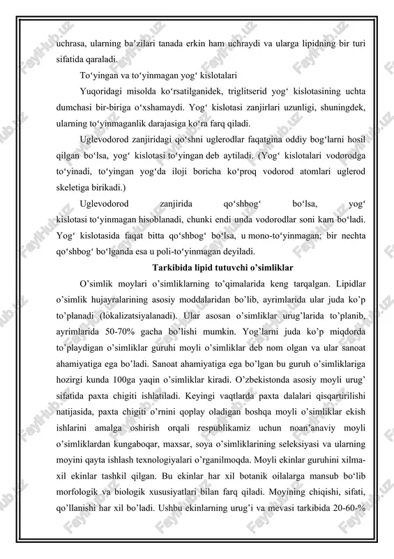 moyli o’simliklardan kungaboqar, maxsar, soya o’simliklarining seleksiyasi va ularning moyini qayta ishlash texnologiyalari o’rganilmoqda. moyli ekinlar guruhini xilma-xil ekinlar tashkil qilgan. bu ekinlar har xil botanik oilalarga mansub bo‘lib morfologik va biologik xususiyatlari bilan farq qiladi. moyining chiqishi, sifati, qo’llanishi har xil bo’ladi. ushbu ekinlarning urug’i va mevasi tarkibida 20-60-% moy bo’lib, oziqovqatda, konserva ishlab chiqarishda, qandolat va non mahsulotlari tayyorlashda qo’llaniladi. bundan tashqari, o’simlik moyi margarin, sovun, lok, bo’yoq, olif, stearin, linoleum ishlab chiqarishda, tabobatda, parfyumeriyada, teriga ishlov berishda qo’llaniladi. ammo moyli ekinlarni ulushi har xil. kungaboqar, soya, raps moyli ekin sifatida keng tarqalgan, boshqa ekinlar kam tarqalgan: ularga moyli zig’ir, kunjut, maxsar, xantal, kanakunjut, moyli ko’knor, yeryong’oq, krambe, perilla, lyallemansiya va boshqalarni misol qilib keltirish mumkin. moyli ekinlarning ahamiyati ularning moyini xalq xo’jaligida foydalanishiga bog’liq. moy ishlab chiqarilgandan keyin qolgan kunjara va shrot chorva mollariga yuqori to’yimli ozuqa hisoblanadi. ayrim moyli ekinlar silos tayyorlashda qo’llaniladi. yer yuzida moyli …