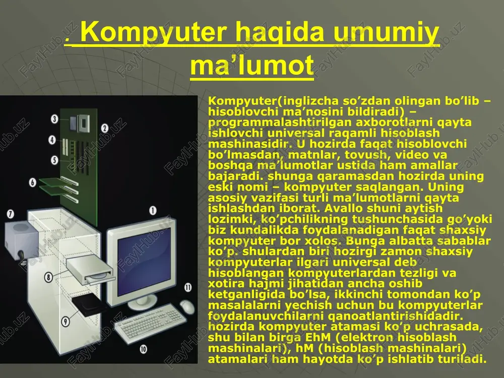 harbiy maqsadlar uchun ishlatilgan(maxfiy hisoblangan) vax, sun turkumli kompyuterlar, ibm 4381, hewlett packard firmasining hp 9000 va boshqalar minikompyuterga misol bo’la oladi. shuni aytish joizki, minikompyuterlar o’zlarining «katta og’alari» manframe kompyuterlarni imkoniyatlari darajasiga ko’tarilib bormoqda. e`tiboringiz uchun rahmat! image1.jpeg image2.jpeg image3.jpeg image4.jpeg image5.jpeg image6.jpeg image7.jpeg - worn es /docprops/thumbnail.jpeg muhammad al-xorazmiy nomidagi toshkent axborot texnalogiyalar _ universiteti mustaqil ish aveu ‘kompyuter va ularning tua ba)arlsshonazarov dishes