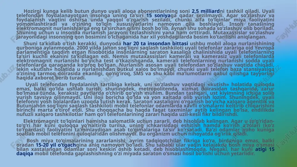 ishi uchun yetarlidir. p.s. mobil telefonlar zarari haqida gapirganda, psixologik tobelikni chetlab o‘tib bo‘lmaydi. agar siz smartfoningizga kuchli bog‘lanib qolib, uni odatda qo‘ldan tushirmasangiz, unda bir kunda hech bo‘lmasa, 1—1,5 soat uni o‘z holiga qo‘ying. bu vaqtni esa do‘stlaringiz bilan “jonli” ravishda muloqot qilishga, farzandlaringiz bilan vaqt o‘tkazishga yoki shunchaki sayr qilishga sarflang. albatta, bugungi kunda telefon shunchaki aloqa vositasi emas. uning ichida internet va yoshlar uchun qiziqarli bo‘lgan boshqa quvonchlarga boy kompyuter mavjud. biroq unutmangki, “kecha-kunduz onlayn bo‘lish” sindromi, ijtimoiy tarmoqlar orqali doimiy muloqotlar, men nimani ko‘rdim/yedim/xarid qildim mavzusidagi fotosuratlar bilan muntazam bo‘lishish psixologik qaramlikka olib keladi. zamonaviy inson hayotini endi smartfonsiz tasavvur qilib bo‘lmaydi, ammo bir-ikki soat tanffus ham qilib tursangiz, hech qanday salbiy oqibat yuzaga kelmaydi. uyali telefonning sog'liqqa ta'sirining asosiy belgilari: ► bosh og'rig’i ► uyquchanlik ► jahldorlik ► xotiraning buzilishi va diqqatni jamlash qobiliyatining buzilishi ► surunkali charchoq sindromi ► ko'zlaridagi og'riq va og’riq. ko'z …