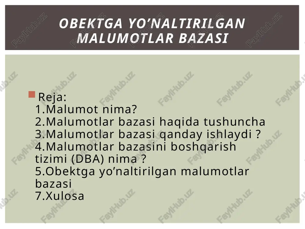 , ma'lumotlar bazalarining foydalanish va funktsionalligi ko'paygan. ma'lumotlar bazasini boshqarish tizimi (dba) nima? agar siz mysql uchun yaratilgan dasturni boshqa mbbt ga ko‘chirmoqchi bo‘lsangiz o‘z kodingizni shu yadro api sidan foydalanadigan qilib qayta yozishingiz kerak. lekin dasturchilar boshqa ma’lumotlar bazasiga ko‘chirish muammosidan asosan xalos bo‘lganlar. ularda yagona api, open database connectivity api (odbc), xamma sql-ma’lumotlar bazalariga unifikatsiya qilingan interfeys mavjud. odbc xamma ma’lumotlar bazalariga yagona interfeys bo‘lgani uchun, mysql va boshqa mbbt lar bilan ishlovchi dasturlar yaratish uchun uni o‘rganib chiqish etarli. agar siz kerakli tarzda odbc dan foydalansangiz, siz yaratgan dasturlar ixtiyoriy mbbt bilan ishlay oladi. obektga yo’naltirilgan malumotlar bazasi ixtiyoriy muxitda ma’lumotlar bazasiga murojaat ulanishdan boshlanadi. bizning ob’ektga-yo‘naltirilgan bibliotekamizni yaratish connection ob’ektini yaratishdan boshlanadi. ob’ekt connection server bilan bog‘lanishni o‘rnatish, zarur ma’lumotlar bazasini tanlash, so‘rovlarni uzatish va natija olishni bilishi kerak. connection sinfi usullari xamma mbbt lar uchun bir xildir. lekin sinf ichida, kompilyasiya qilinayotgan biblioteka uchun xos …