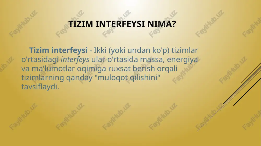 r (klavitura kontrolleri, diskovod kontrolleri, videoadapter vax.z) orqali ulanadi. magistral strukturasini ko’rib chiqamiz (tarmoq shinasi, chunki modulli tarmoqni tashkil etish magistral (shinalar) ma’lumot almashish tamoyiliga asosan amalga oshiriladi. magistral magistral yoki tarmoq shinasi - bu elektron liniya bo’lib xotira adresasiyasini, ma’lumotlarni uzatish va xizmat signallari protsessori, xotira va periferik qurilmalarni birlashtiruvchidir. tarmoq magistrali protsessor va ozu o’rtasida ma’lumotlarni almashtirishni amalga oshiradi yoki ozk bir tomondan va kompyuter tashqi qurilmalari boshqa tomondan amalga oshiradi. ehm alohida qurilmalari o’rtasidagi ma’lumotlar almashinuvi barcha modullarni birlashtiruvchi uch ko’p razryadli shina yordamida amalga oshadi ma’lumotlar shinasi; adreslar shinasi; boshqarish shinasi. ma’lumotlar shinasi bu shinada ma’lumotlar turli qurilmalar o’rtasida uzatiladi. masalan, operativ xotiradan o’qilgan ma’lumotlar protsessorga ishlov berish uchun uzatilishi mumkin, keyin olingan natijalar qaytarib operativ xotiraga saqlash uchun yuborilishi mumkin. shunday qilib, shina bo’yicha ma’lumotlar qurilmadan qurilmaga uzatilishi mumkin. xohlagan yo’nalishda, ya’ni ma’lumotlar shinasi ikki yo’nalishlidir. shinaning razryadliligi protsessorning razryadi bilan aniqlanadi, ya’ni protsessor tomonidan …