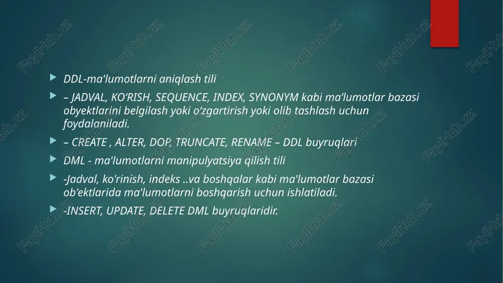 i bir nechta jadvallardan olingan maʼlumotlardan iborat boʻlib, odatda qidiruv mezonlari asosida tanlangan maʼlumotlarning quyi toʻplamidir. jadvaldagi har bir ustun ma'lumotlar toifasiga mos keladi -- masalan, mijoz nomi yoki manzili -- har bir satr kesishgan ustun uchun ma'lumotlar qiymatini o'z ichiga oladi. relyatsion ma'lumotlar bazalari relyatsiondir, chunki ular bir-biriga bog'liq bo'lgan jadvallardan iborat. misol uchun, mijozlarga xizmat ko'rsatish uchun ishlatiladigan sql ma'lumotlar bazasida mijozlarning ismlari va manzillari uchun bitta jadval va ma'lum xaridlar, mahsulot kodlari va mijozlar bilan aloqalar haqida ma'lumotni saqlaydigan boshqa jadvallar bo'lishi mumkin. mijozlarning kontaktlarini kuzatish uchun foydalaniladigan jadval odatda ism va aloqa maʼlumotlari kabi mijoz maʼlumotlarini saqlash uchun foydalaniladigan alohida jadvaldagi mijoz yozuviga havola qilish uchun kalit yoki asosiy kalit deb ataladigan noyob mijoz identifikatoridan foydalanadi. sql 1970-yillarning oxiri va 1980-yillarning boshlarida paydo boʻlgandan soʻng relyatsion maʼlumotlar bazalari uchun amalda standart dasturlash tiliga aylandi. sql select iborasi bir yoki bir nechta jadvallardan olingan natijalar to'plamini qaytaradi …