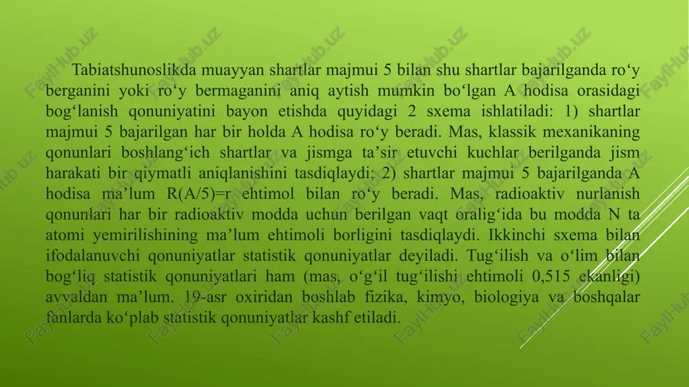 lillar orqali topiladi. ushbu ehtimollik hodisaning haqiqiysiga yaqin boʻlgan kutilayotgan ehtimolligidir. genetikada ehtimolliklar masalan, don shakli boʻyicha geterozigota (rr) noʻxat oʻsimligini oʻz-oʻziga chatishtiraylik. bu chatishtirishda ehtimollik qonuni va genetikada oʻrgangan bilimlaringizga tayangan holda burushgan noʻxat ikkita retsessiv allel (rr) olish ehtimoli 4 dan 1 nisbat ekanini, text 0,25 (1/4) ehtimollikka mos kelishini aniqlashimiz mumkin. ushbu holatda ehtimollikni topish boʻyicha quyida batafsil maʼlumot olamiz. umuman olganda, noʻxat shakli bilan bogʻliq va shunga oʻxshash masalalarda empirik ehtimollikni topishda qancha koʻp raqamli maʼlumotlar qoʻllansa, shuncha koʻp nazariy ehtimollikdan foydalanamiz. ehtimolliklarni koʻpaytirish qoidasi genetikada keng qoʻllanuvchi ehtimollik qonunlaridan biri ehtimolliklarni koʻpaytirish qoidasidir. ushbu qoidaga koʻra, oʻzaro mustaqil ikki yoki undan ortiq hodisalarning birgalikda sodir boʻlish ehtimoli har bir hodisa ehtimolliklarining koʻpaytmasiga teng. masalan, olti tomonli narda toshini bir marta tashlaganda 6 raqami tushishi ehtimoli 1/6 ga teng. agar ikkita nardani birdaniga tashlasangiz, ikkita 6 tushish ehtimoli esa (birinchi nardada olti tushish ehtimoli) x (ikkinchi …