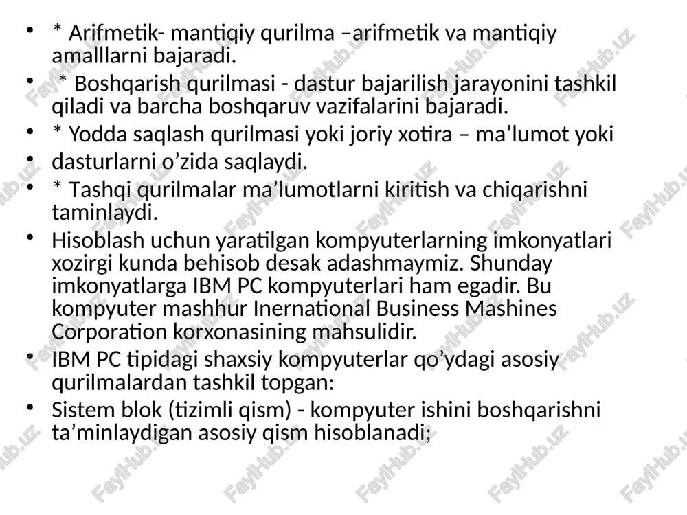 bmpcklaviaturasifoydalanuvchitomonidanma'lumotlarnivaboshqaruvbuyruqlarinikompyutergakiritishgamo’ljallanganqurilmadir. klaviaturaningumumiyko’rinishiundagitugmachalarsonivajoy­lanishigaqarabturlixilkompyuterlardafarqqilishimumkin, lekin ularning vazifasi o’zgarmaydi sichqonchavatrekbol. sichqonchavatrekbolkompyutergaaxborotnikiritishningkoordinataliqurilmalarihisoblanadi. ularklaviaturaningo’rninito’laligichaalmashtiraolmaydi. buqurilmalarasosanikkiyokiuchtaboshqaruvtugmachasigaega. sichqonchani ulanishining uch usulini ko’rsatish mumkin. eng ko’p tarqalgan usul ketma-ket port orqali ulanishdir. shinali interfeysli sichqonchalar kamroq tarqalgan. ularni ulash uchun maxsus interfeys yoki «sichqoncha» porti kerak bo’ladi. uchinchi ko’rinishdagi ulanish psg`2 stilidagi sich­qonchalarda amalga oshirilgan. hozirgi kunda ular portativ kompyuterlarda ishlatilmoqda. trekbol — «ag’darilgan» sichqonchani eslatuvchi qurilmadir. trekbolda uning korpusi emas, balki sharcha harakatga keltiriladi. bu esa kursorni boshqarish aniqligini sezilarli ravishda oshirishga imkon beradi. shu bois trekbolga ega bo’lgan sichqonchalarga qiziqish ortib bormoqda. 1.2 shaxsiy kompyuterlar tansifi. shaxsiy kompyuterlar (shk) — xammaboplik va kullashda universallik talablarini koniktiruvchi, bir kishi foydalanadigan mikro eumlardir. shaxsiy kompyuterlar xammaboplik va universallik talablarini kondirishi uchun kuyidagi xususiyatlarga ega bulishi lozim: individual xaridor uchun mos keladigan narxlarda; atrof-muxit sharoitlariga maxsus talablarsiz foydalanish avtonomligi; tuzilishining boshqarish, fan, ta'lim, turmush soxalarida turli kurinishda qo’llanishlarga moslashuvchanligi; foydalanuvchining maxsus, kasbiy tayyorgarliksiz ishlashi imkoniyatini beruvchi operatsion tizimlar va …