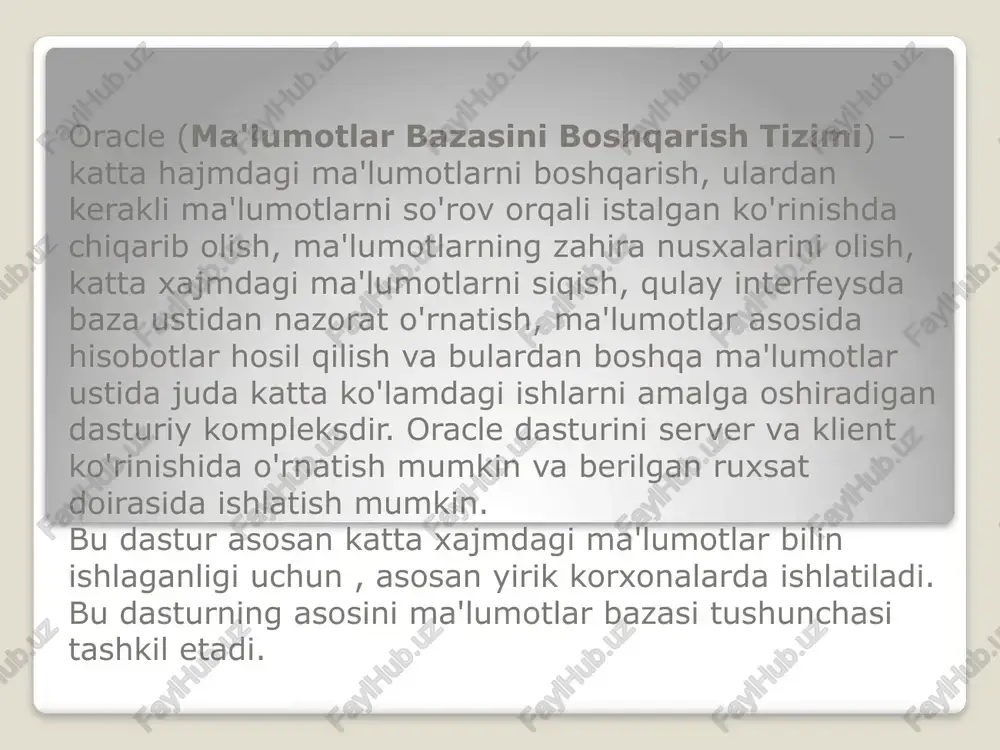 ikkinchisi qattiq to’xtab qolish, bu tashqi xotirada ma'lumotlarning yo’qolib ketishi bilan xarakterlanadi. dasturli to’xtab qolishlarga quyidagilarni keltirishi mumkin: mbbtning to’satdan buzilishi bilan ishni tugatishi (dastur xatosi bo’yicha yoki qaysidir apparatning to’xtab qolishi natijasida) yoki foydalanuvchi dasturining avariya bilan tugallanishi bo’lib natijada ayrim tranzaktsiyalar tugallanmasdan qoladi. har qanday holda ham mb qayta tiklash uchun qo’shimcha ma'lumotlarni joylashtirish kerak. boshqacha qilib aytganda mb da ma'lumotlarning butunligini saqlash uchun saqlanadigan ma'lumotlarning to’liqligi talab qilinadi. davomi… ma'lumotlarning ishlatilayotgan qismi qayta tiklanishi uchun alohida ishonchli saqlanishi lozim. bunda to’liq ma'lumotlarni quvatlash uchun keng tarqalgan usullardan biri mb ning o’zgartirish jurnalini olib borish usuli ishlatiladi. jurnal – mbning asosiy qismi bo’lib hisoblanadi va u barcha rivojdagi mbbt da “jurnal zapisi utverjdeniy” (protakol write ahead log - wal ) deb nomlanadi. qattiq to’xtab qolishdan keyin mbni qayta tiklash uchun jurnal va mbning arxiv nusxasi ishlatiladi. arxiv nusxa - bu mbning to’liq nusxasi bo’lib, jurnalni to’ldirish momentidan boshlanadi …