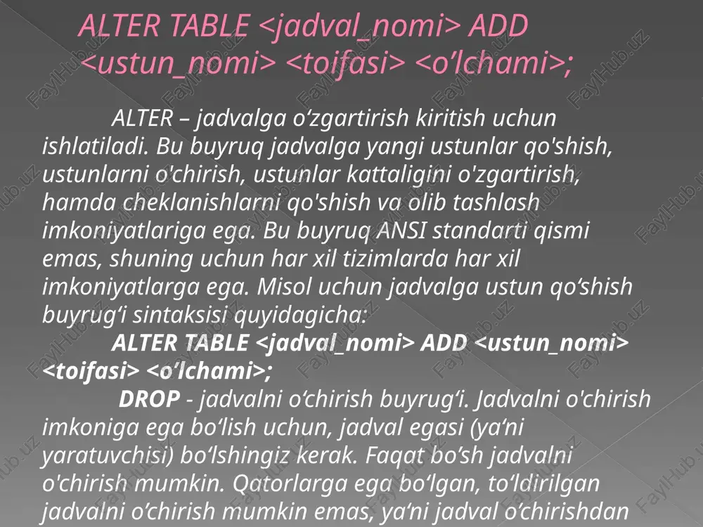 uzunligini qaytaradi (baytda). ltrim - qator boshidagi bo‘sh joylar (probel)larni o‘chiradi. rtrim -funksiyasi satr oxiridagi bo'sh joyni olib tashlash orqali asl nusxadan olingan satrni qaytaradi. left -funktsiyasi asl satrning boshlang'ich satrini qaytaradi right- funktsiyasi belgilangan sondan tashkil topgan pastki qatorni qaytaradi. mysql> select upper(f_i_o) from yetkazib_beruvchilar; mysql> select lower(f_i_o) from yetkazib_beruvchilar; mysql> select length(f_i_o) from yetkazib_beruvchilar; mysql> select rtrim(f_i_o), ltrim(ish_vaqti) from yetkazib_beruvchilar; mysql> select right(lavozimi,4) from hodimlar; mysql> select left(lavozimi,4) from hodimlar; agregat funksiyalardan foydalanish bu funksiyalarni ko‗rib chiqamiz: sum() – ustundagi hamma qiymatlar summasini hisoblaydi. avg() – ustundagi hamma qiymatlar o‗rtasi qiymatini hisoblaydi. min() – ustundagi hamma qiymatlar eng kichigini aniqlaydi. max() – ustundagi hamma qiymatlar eng kattasini aniqlaydi. count()– ustundagi qiymatlar sonini hisoblaydi. count(*)– so‗rov natijalari jadvalidagi satrlar sonini hisoblaydi. agregatlash argumenti bo‗lib ustun nomidan tashqari ixtiyoriy matematik ifoda xizmat qilishi mumkin. mysql> select sum(ish_haqqi) from yetkazib_beruvchilar; mysql> select min(ish_haqqi) from yetkazib_beruvchilar; mysql> select max(ish_haqqi) from yetkazib_beruvchilar; mysql> …