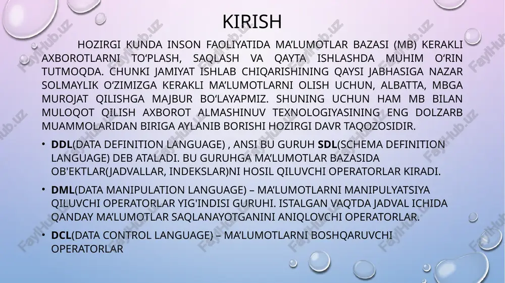 i group by va order by standart so‘zlaridan foydalanib so‘rov yaratish. 2. 3. 4. 8-laboratoriya ishi having standart so‘zi orqali so‘rovlar yaratish. 1. 2. 9-laboratoriya ishi union, intersect va minus standart so‘zlaridan foydalanish. 2. 3. 4. 10-laboratoriya ishi standart funksiyalardan foydalanib so‘rovlar yaratish. 1. 4. 2. 5. 3. 6. 7. 8. 11-laboratoriya ishi agregat funksiyalardan foydalanish. 1. 4. 2. 3. 5. 6. 7. 9. 10 12. 11 13. 12-laboratoriya ishi bir nechta jadvallar birlashtirish, joinlar bilan ishlash. 1. 2. 3. 13-laboyatoriya ishi murakkab so‘rovlar yaratish. top, limit yoki rownum. 4. 2. 3. image2.png image3.png image4.png image5.png image6.png image7.png image8.png image9.png image10.png image11.png image12.png image13.png image14.png image15.png image16.png image17.png image18.png image19.png image20.png image21.png image22.png image23.png image24.png image25.png image26.png image27.png image28.png image29.png image30.png image31.png image32.png image33.png image34.png image35.png image36.png image37.png image38.png image39.png image40.png image41.png image42.png image43.png image44.png image45.png image46.png image47.png image48.png image49.png image50.png image51.png image52.png image53.png image54.png image55.png image56.png image57.png image58.png image59.png …