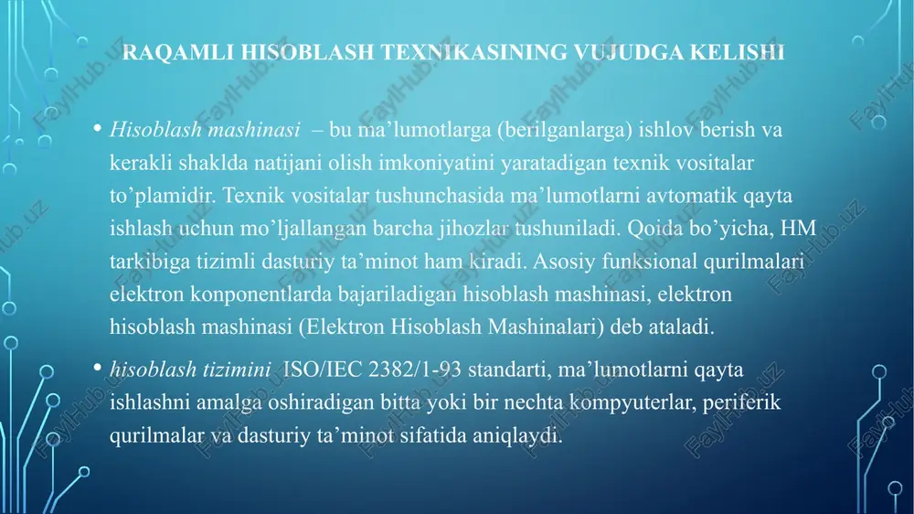 (ax), kiritish/chiqarish qurilmasi (kchq) va tizim shinasi. uchinchi darajada, ikkinchi darajadagi har bir qurilmalar yanada bo’laklangan. misol uchun markaziy protsessor olingan .oddiy shaklda uni quyidagicha ajratish mumkin: - butun sonlarni qayta ishlashni ta’minlaydigan arifmetik mantiqiy qurilma (amq); - quzg’aluvchan nuqtali shakldagi sonlarni qayta ishlash bloki (nqb); - buyruqlar, ma’lumotlar va adreslarni qisqa muddatli saqlash uchun ishlatiladigan protsessor registrlari; - hm qurilmalarining birgalikda ishlashini ta’minlaydigan boshqarish qurilmasi (bq); - ichki shinalar. hisoblash mashinalari strukturalarini bo’laklash darajasi. to’rtinchi darajada uchinchi darajadagi elementlar batafsil bayon etilgan. shunday qilib, 1-rasmdagi e qismda boshqaruv qurilmasining tuzilishi ochib berilgan. bq to’rtta komponent shaklida taqdim etiladi: - dastur ketma-ketligining mantig’i – dasturda belgilangan ketma-ketlikdagi buyruqlarning bajarilishini ta’minlovchi electron sxemalar; - boshqaruv qurilmasining registrlari va deshifratorlari; - xotirani boshqarish; - barcha kerakli boshqarish signallarini hosil qiluvchi boshqaruvni yaratish mantig’i. hisoblashni avtomatlashtirish vositalarining evolyutsiyasi. hisoblash jarayonini yengillashtirish va ideal tarzda avtomatlashtirishga urinishlar 5000 yildan ortiq tarixga ega. ilm-fan va …