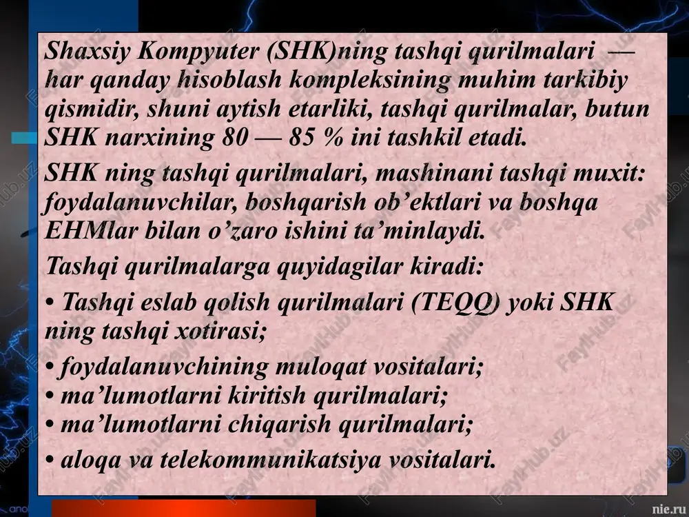 xnologiyasining turli xil fizik ko’rinishta ega bo’lgan (matn, grafika, rasm, tovush, animaciya (xayvonlar tasviri), video va sh.o’.) va turli xil tashuvchilarda mavjud bo’lgan (magnit va optik disklar, audio- va video-lentalar va h.k.) axborotdan foydalanish bilan bog’liq soxasidir. multimedia (multimedia — ko’p muxitlilik) vositalari bu apparat va dasturlar to’plami bo’lib, u insonga o’zi uchun tabiiy bo’lgan juda turli-tuman muxitlarni: tovush, video, grafika, matnlar, animaciya va b. ishlatgan holda kompyuter bilan muloqot qilish imkonini beradi. multimedia foydalanuvchiga fantastik dunyoni (virtual haqiqiy) yaratishda juda ajoyib imkoniyatlarni yaratib beradi, bunda foydalanuvchi chekkadagi sust kuzatuvchi rolini bajarmasdan, balki u erda avj olayotgan xodisalarda faol ishtirok etadi; shu bilan birga muloqat foydalanuvchi uchun odatlangan tilda — birinchi navbatda tovushli va videoobrazlar tilida bo’lib o’tadi. multimedia vositalari ga quyidagilar kiradi: ma’lumotlarni audio — (nutqli) va videokiritish va chiqarish qurilmalari; yuqori sifatli tovushli (sound) va video — (video) platalar, videoqamrash platalari (video grabber), ular videomagnitofondan yoki videokameradan tasvirni …