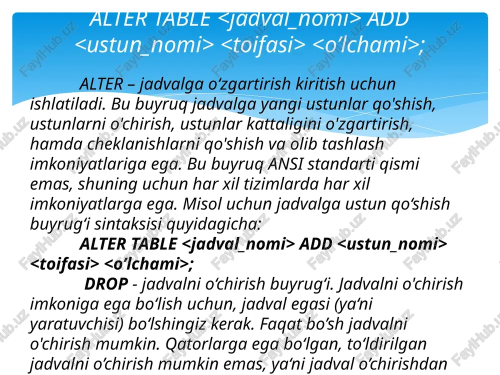 )larni o‘chiradi. rtrim -funksiyasi satr oxiridagi bo'sh joyni olib tashlash orqali asl nusxadan olingan satrni qaytaradi. left -funktsiyasi asl satrning boshlang'ich satrini qaytaradi right- funktsiyasi belgilangan sondan tashkil topgan pastki qatorni qaytaradi. standart funksiyalardan foydalanib so’rovlar yaratish mysql> select upper(f_i_o) from yetkazib_beruvchilar; mysql> select lower(f_i_o) from yetkazib_beruvchilar; mysql> select length(f_i_o) from yetkazib_beruvchilar; mysql> select rtrim(f_i_o), ltrim(ish_vaqti) from yetkazib_beruvchilar; mysql> select right(lavozimi,4) from hodimlar; mysql> select left(lavozimi,4) from hodimlar; bu funksiyalarni ko‗rib chiqamiz: sum() – ustundagi hamma qiymatlar summasini hisoblaydi. avg() – ustundagi hamma qiymatlar o‗rtasi qiymatini hisoblaydi. min() – ustundagi hamma qiymatlar eng kichigini aniqlaydi. max() – ustundagi hamma qiymatlar eng kattasini aniqlaydi. count()– ustundagi qiymatlar sonini hisoblaydi. count(*)– so‗rov natijalari jadvalidagi satrlar sonini hisoblaydi. agregatlash argumenti bo‗lib ustun nomidan tashqari ixtiyoriy matematik ifoda xizmat qilishi mumkin. agregat funksiyalardan foydalanish mysql> select sum(ish_haqqi) from yetkazib_beruvchilar; mysql> select min(ish_haqqi) from yetkazib_beruvchilar; mysql> select max(ish_haqqi) from yetkazib_beruvchilar; mysql> select count(ish_haqqi) from yetkazib_beruvchilar; …