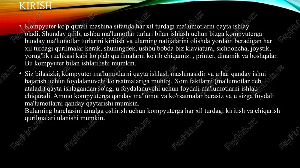 , klaviatura kompyuterning asosiy kirituvchi qurilmasi hisoblanadi. chunki bu orqali biz kompyuterga turli buyruqlarni kiritishimiz, hujjatlar bilan ishlay olishimiz, turli funksialarni bajarish imkoniyatiga egamiz. keling uning tuzilishini o'rganib chiqamiz. klavishlarning vazifasiga qarab funksional guruhlarga bo'linishi klavishlarning boshqaruvchilar — bu klavish guruhi esa alohida yoki boshqa klavishlar bilan ishlatilgan holatda aniq bir vazifani bajarishi uchun ishlatiladi; funksional klaviaturalar — bu klavishlar aniq bir masalalar uchun ishlatiladi. ular aniq nomlarga ega ya’ni f1, f2, f3 va to f12 gacha; kirituvchi klaviaturalar — bu klavish guruhi harflar, sonlar, belgilardan tashkil topgan. klaviaturaning asosiy qismi hisoblanadi; o'tkazuvchi klaviaturalar — bu klavishlarni vazifasi veb sahifalarni, yoki biror word hujjatlarni tahrirlashda va ko’rishda yuqori-pastga, o’ng-chapga, bosh-oxiriga o’tkazishda va shu kabi funksial uchun ishlatiladi; raqamli klaviaturalar — raqamlar bilan tezroq ishlash uchun ishlatiladi; indikatorlar — klaviaturaning holati haqida gapiaradi ya'ni (chapdan o'ngga qarab) 1-indikator yonganda esa biz yozuv uchun katta harflardan foydalanayotganimizni bildiradi (ma'lumot uchun katta harflar …